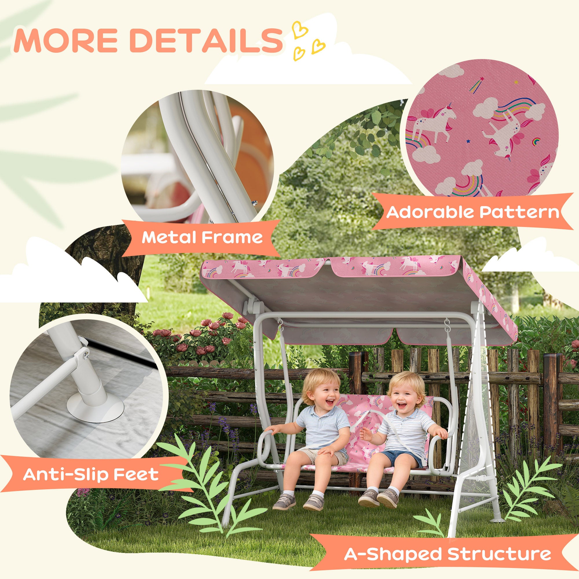 Kids Porch Swing, 2-Seater Patio Swing Bench Hammock with Seat Belts, Adjustable Canopy for Garden, Pink