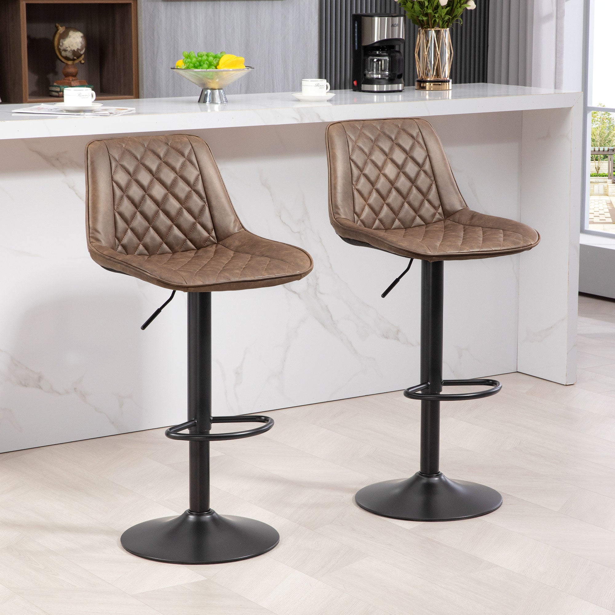 Bar Stools Set of 2, Retro Adjustable Kitchen Stool, Swivel PU Leather Upholstered Bar Chairs with Back, Footrest and Steel Base, Brown