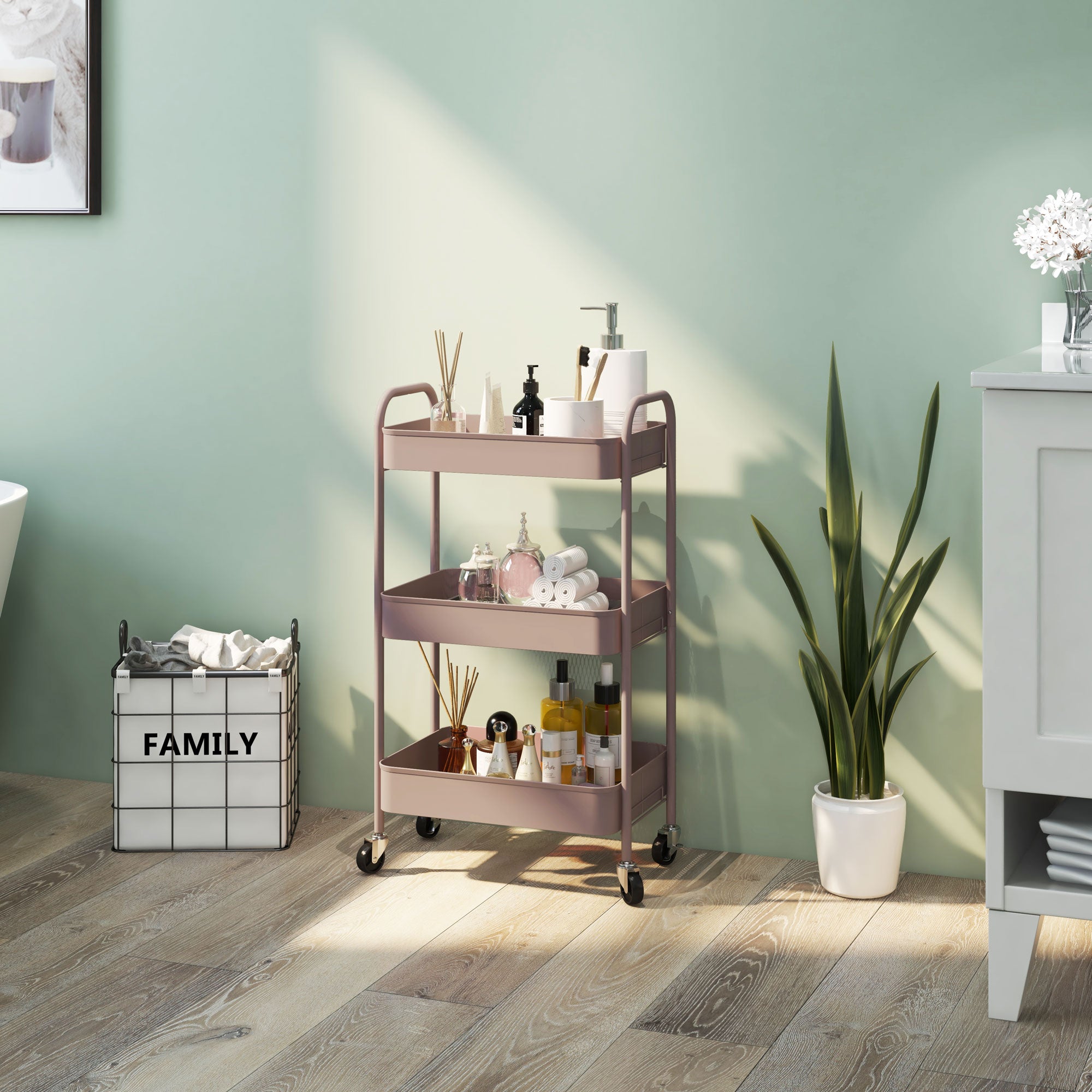 Three-Tier Steel Storage Trolley - Pink