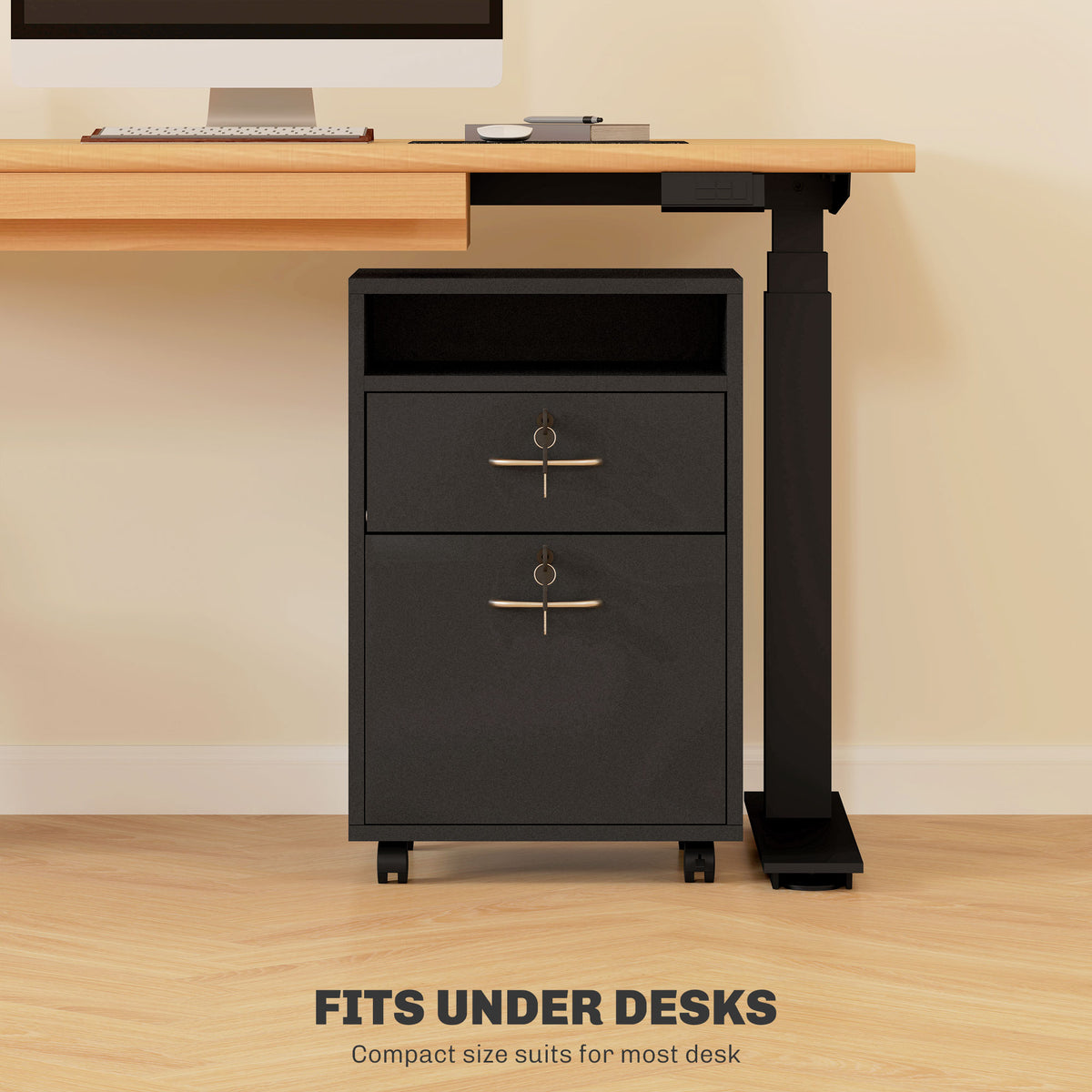 60cm Mobile Filing Cabinet with Drawer, Open Shelf, Locks & Wheels - Black
