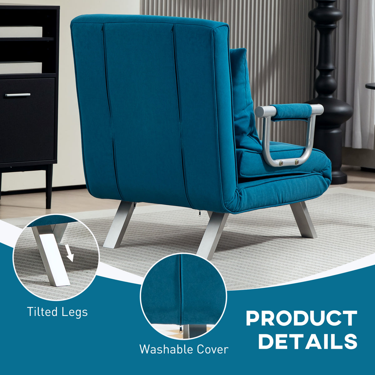 4-in-1 Adjustable Faux Suede Chair Bed with Pillow - Blue