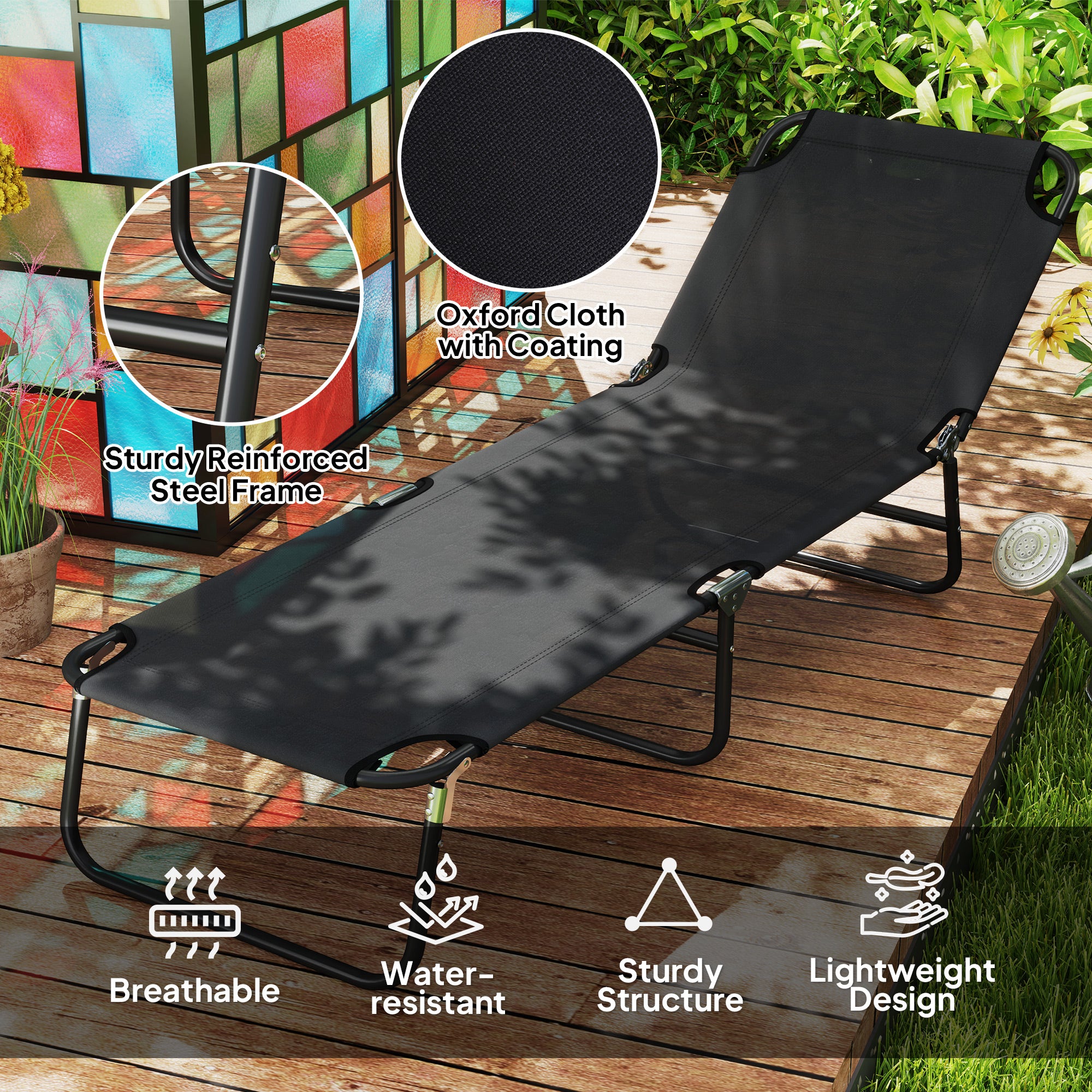 Garden Sun Lounger, with Five-Position Back - Black
