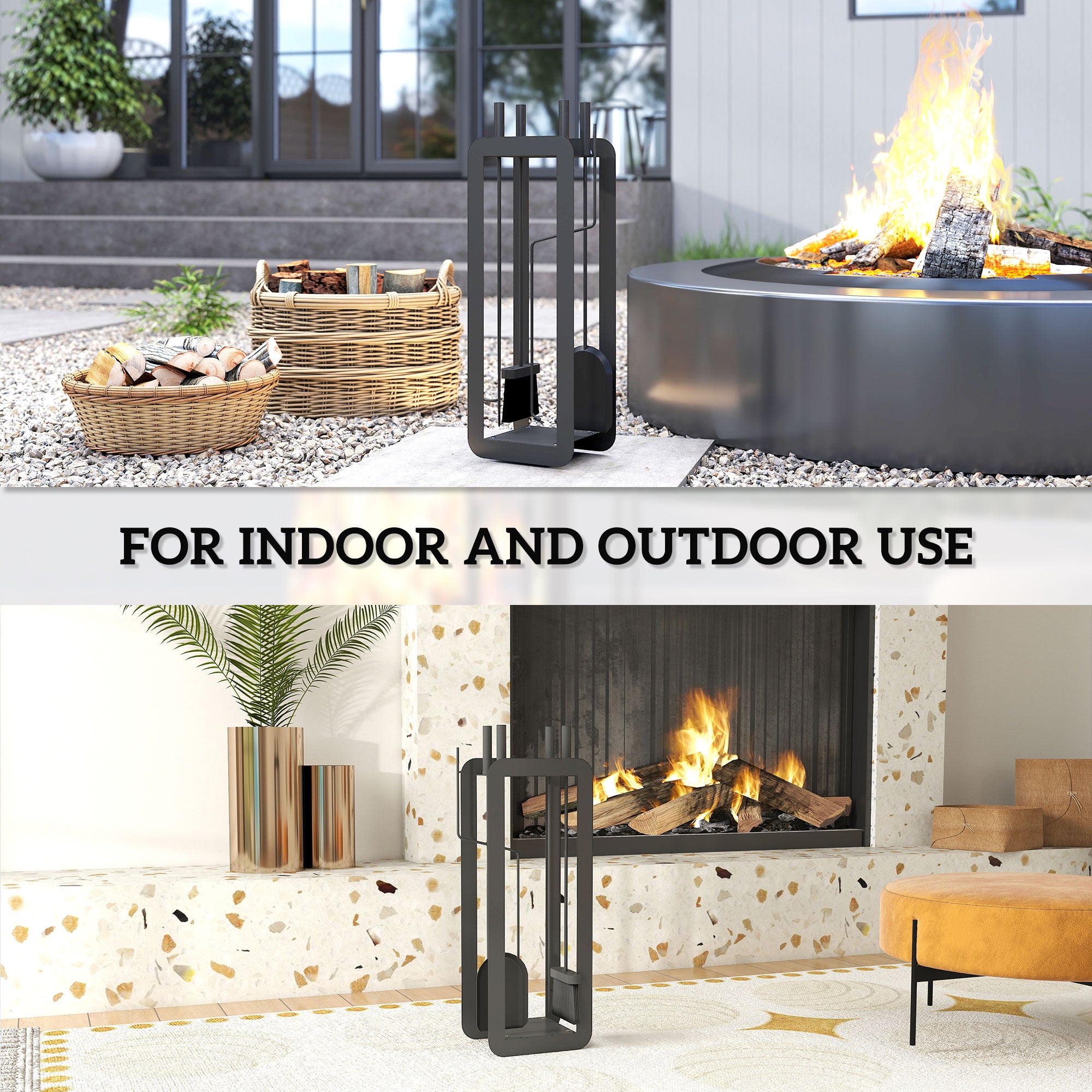 5 Pieces Fireplace Companion Set, Metal Fireplace Accessories Fireside Companion Set with Brush, Shovel, Poker, A Pair of Tongs, Stand, Black