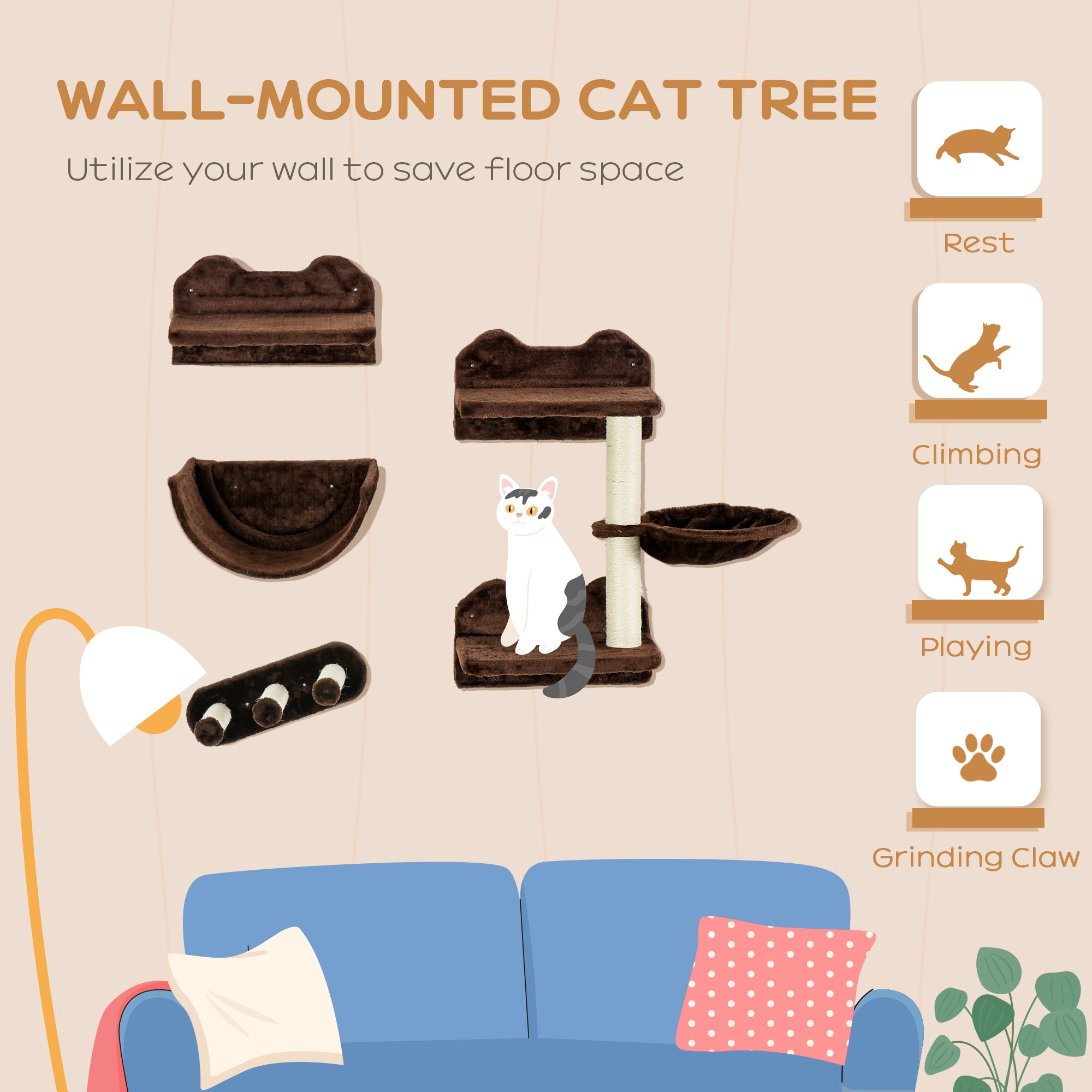 4PCs Wall-Mounted Cat Shelves w/ Scratching Post, Hammock, Nest - Brown