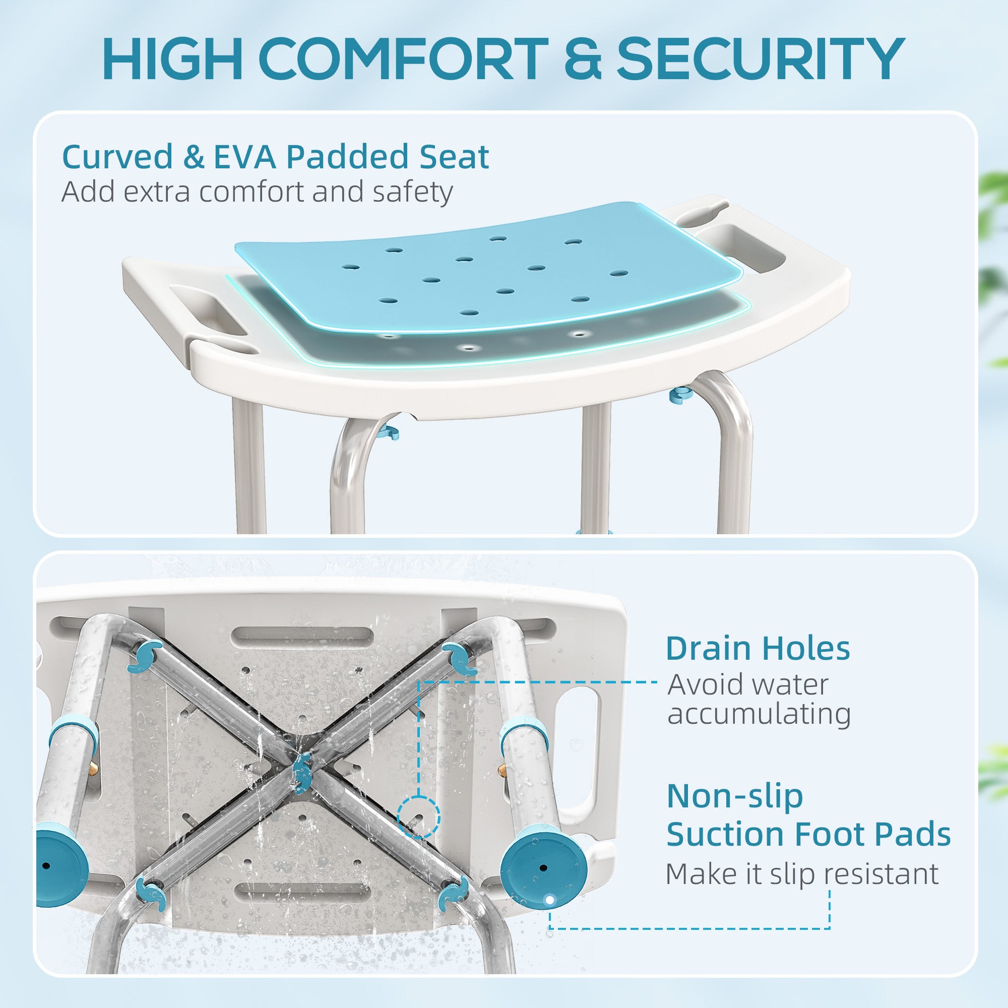 Shower Chair, Adjustable Height Shower Stool with Aluminium Frame and Non-Slip Feet, Bathtub Stool Seat with Padded Seat for Elderly Disabled Handicap, Turquoise