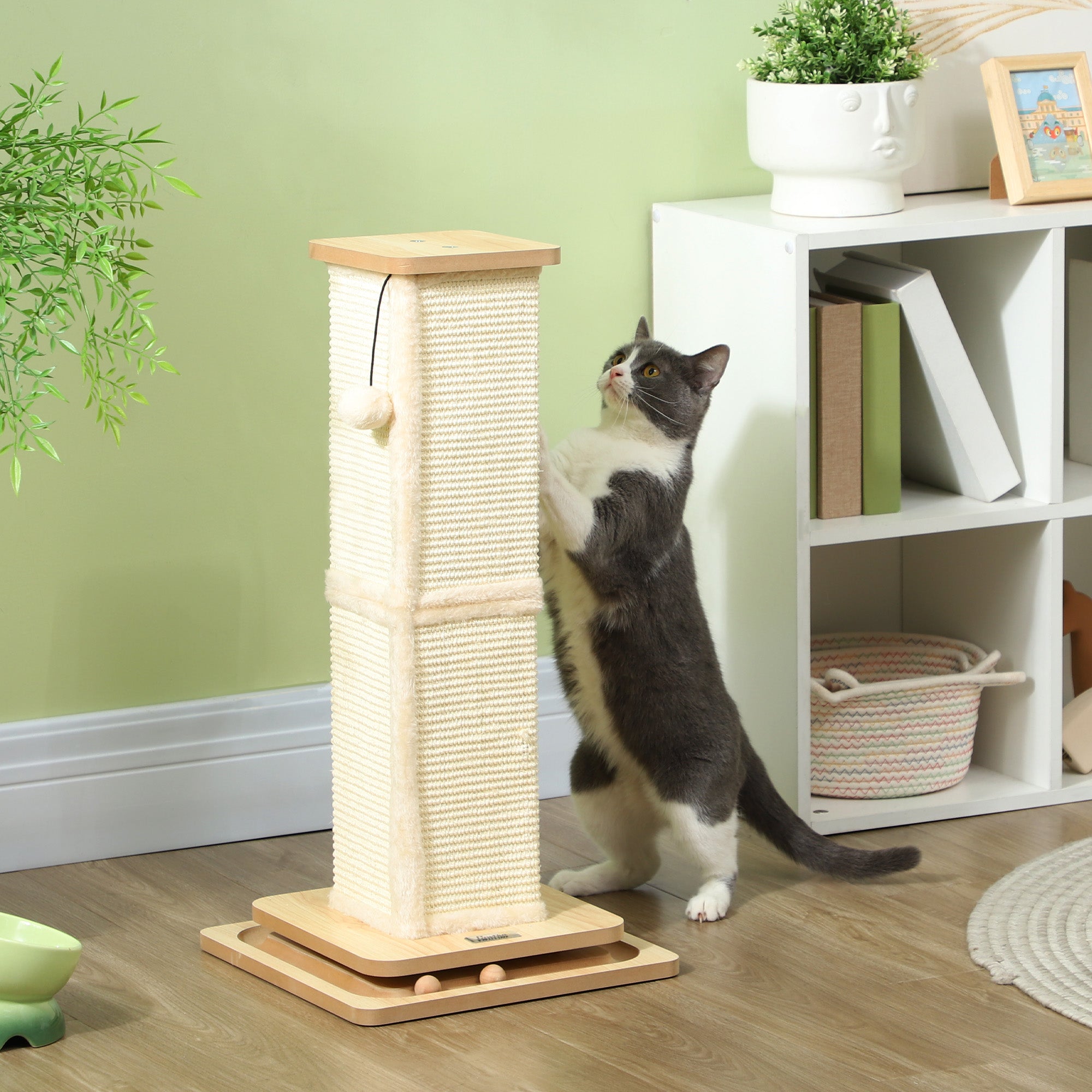 3-in-1 Cat Scratching Post, 67cm Cat Scratcher w/ Track Ball Toy, Oak Tone