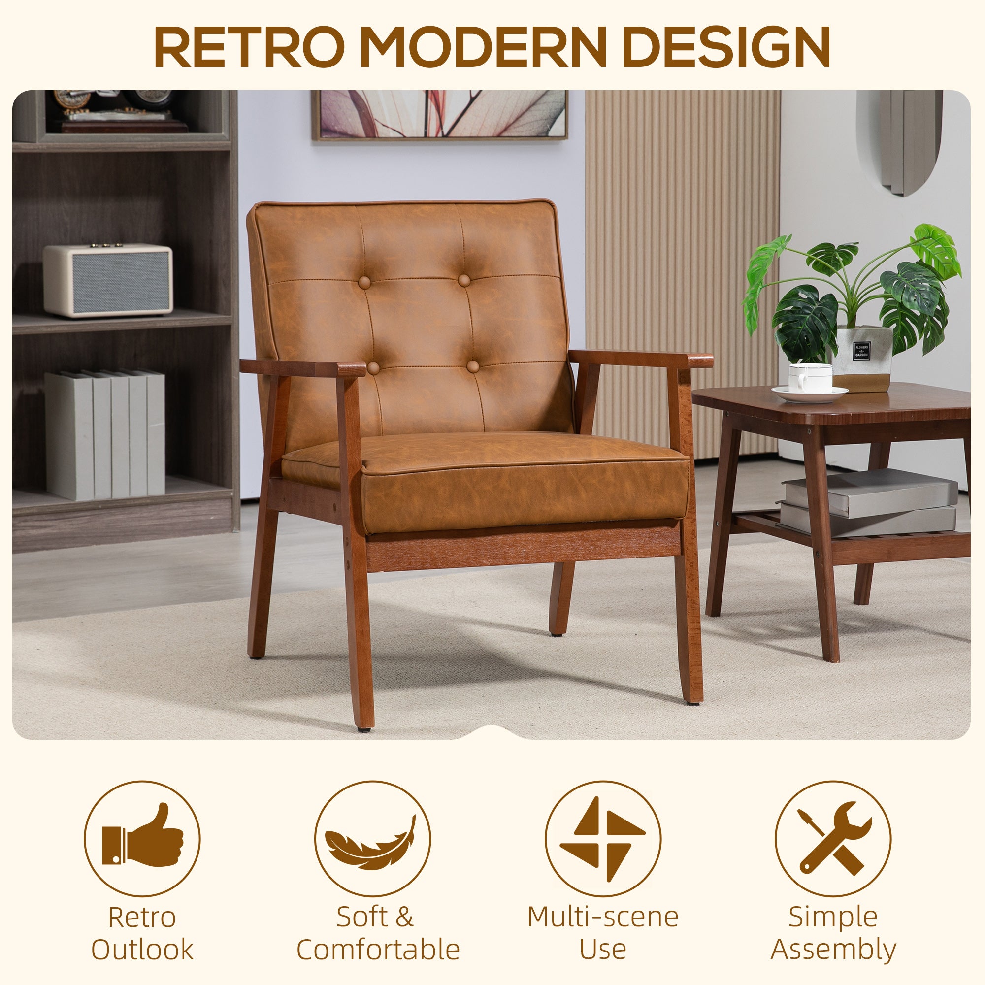 2 Pack Retro-Style Accent Chair, with Faux Leather Seat - Brown