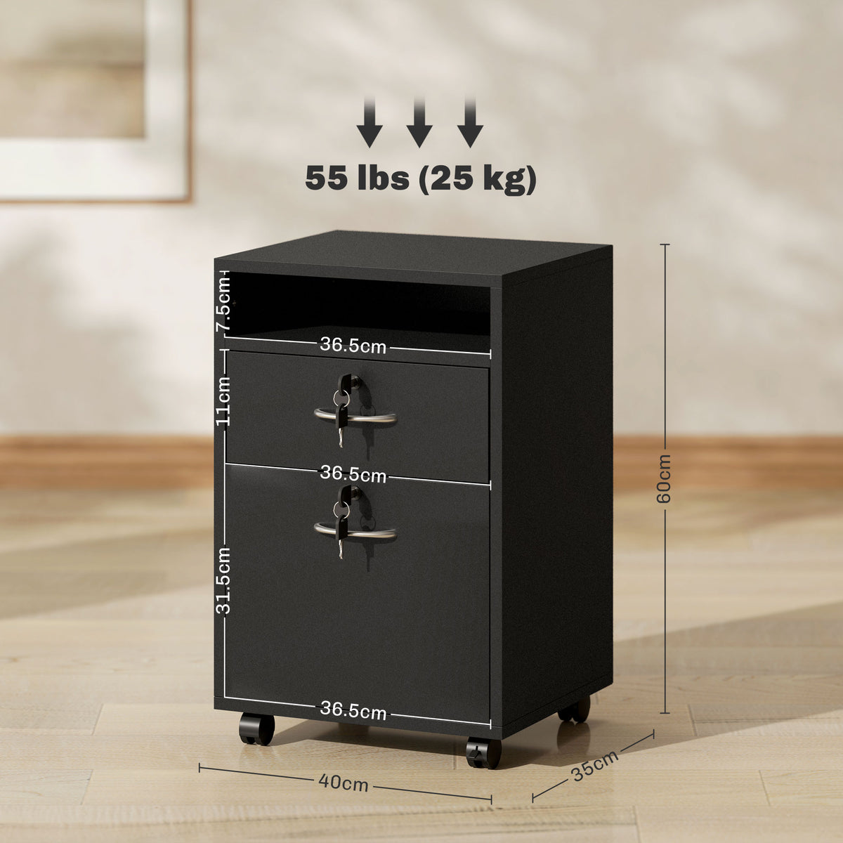 60cm Mobile Filing Cabinet with Drawer, Open Shelf, Locks & Wheels - Black