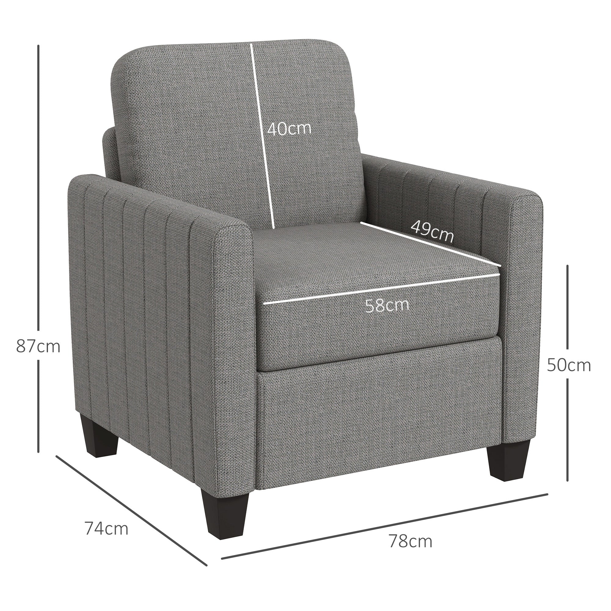 Armchair, Channel Tufted Modern Fabric Accent Chair, Comfy Upholstered Reading Lounge with Spring Cushion, Back Pillow, for Living Room, Bedroom, Office, Light Grey