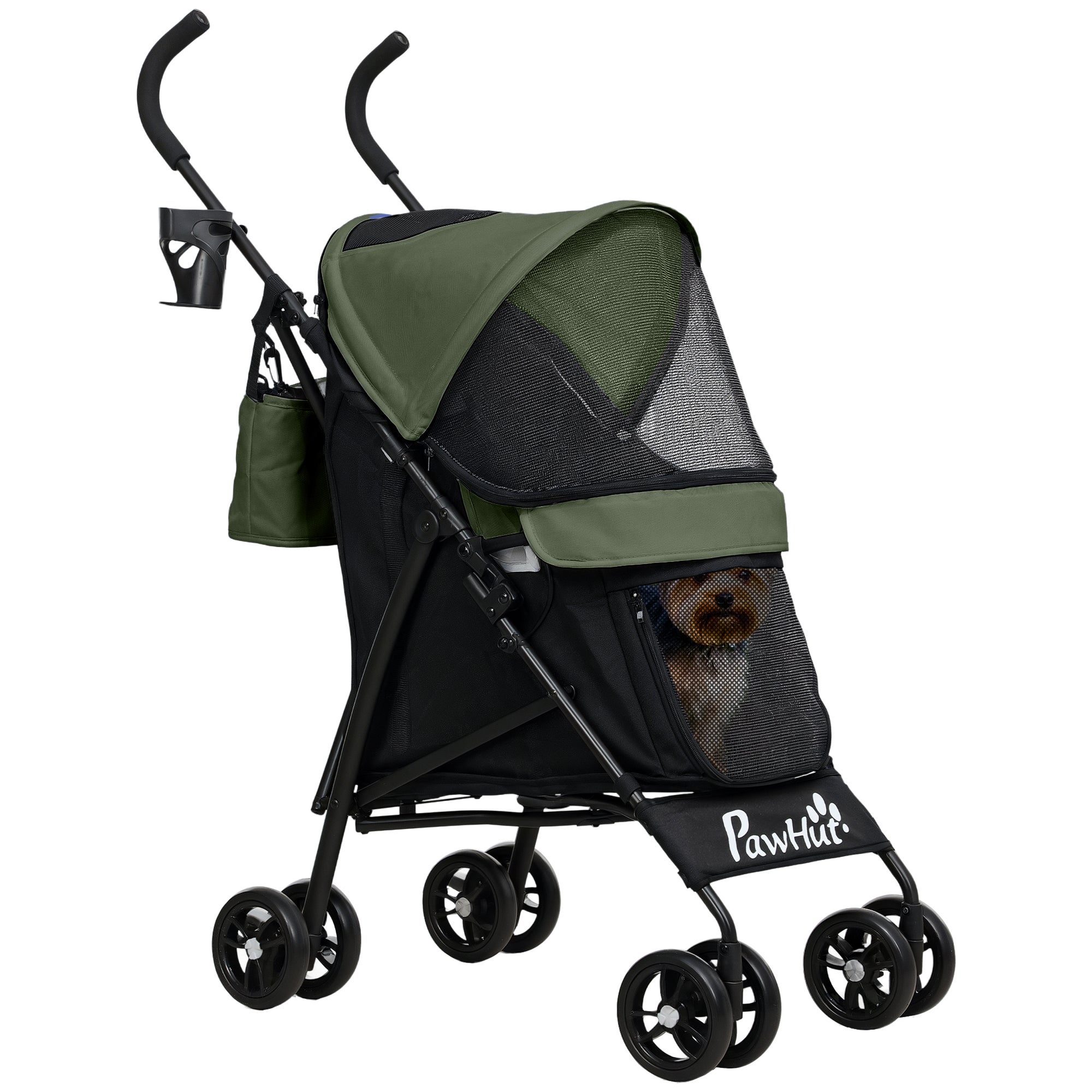 Umbrella Structure Dog Stroller, Lightweight & Portable Dog Pram w/ Shoulder Strap, Storage Bag & Cup Holder, Dark Green
