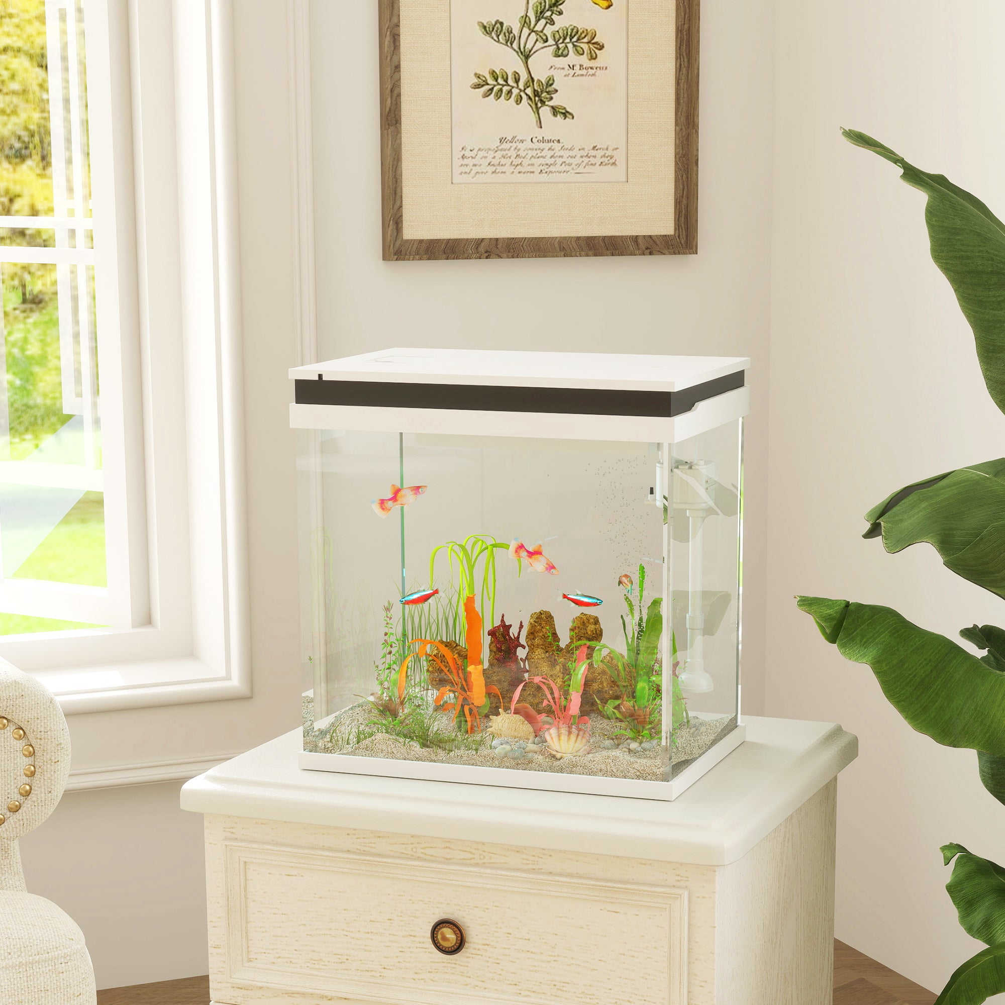 26L Glass Fish Tank with Filter System, LED Lights, Water Pump, White