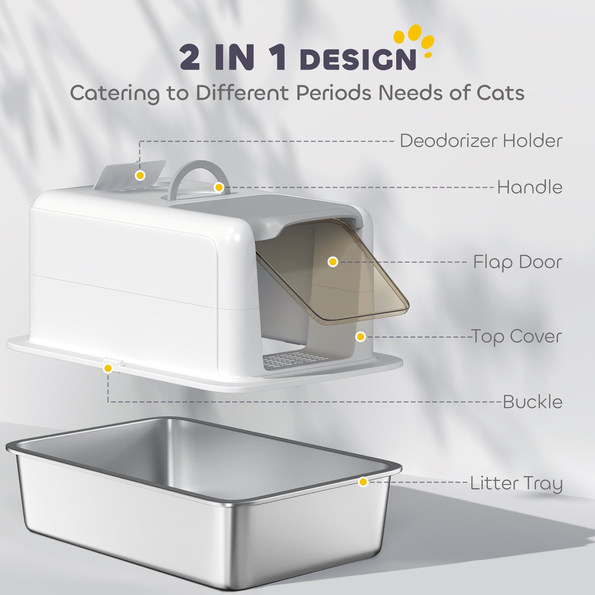 Stainless Steel Cat Litter Box for Larger Cats with Removable Lid, Scoop & Filter Bags - White