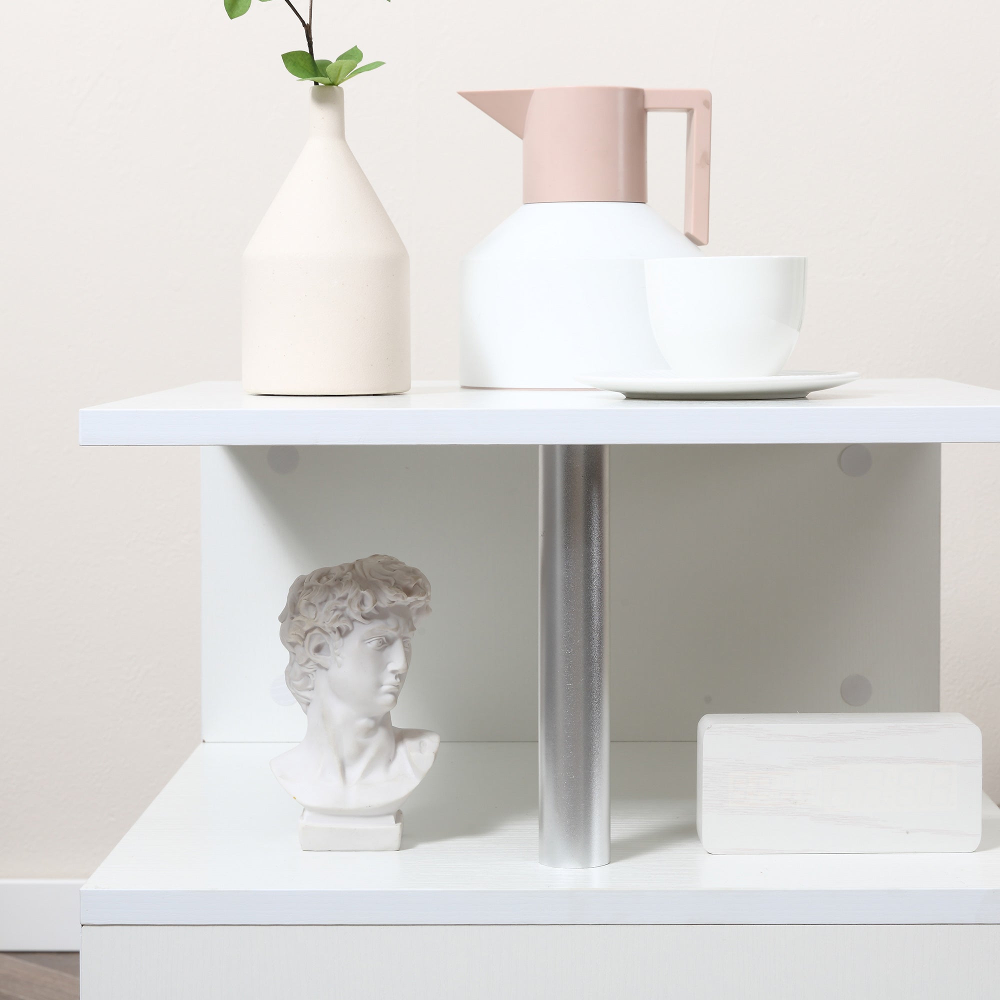 Wooden S Shape Cube Coffee Table 2 Tier Storage Shelves Organizer Office Bookcase Living Room End Desk Stand Display Set of 2 (White)