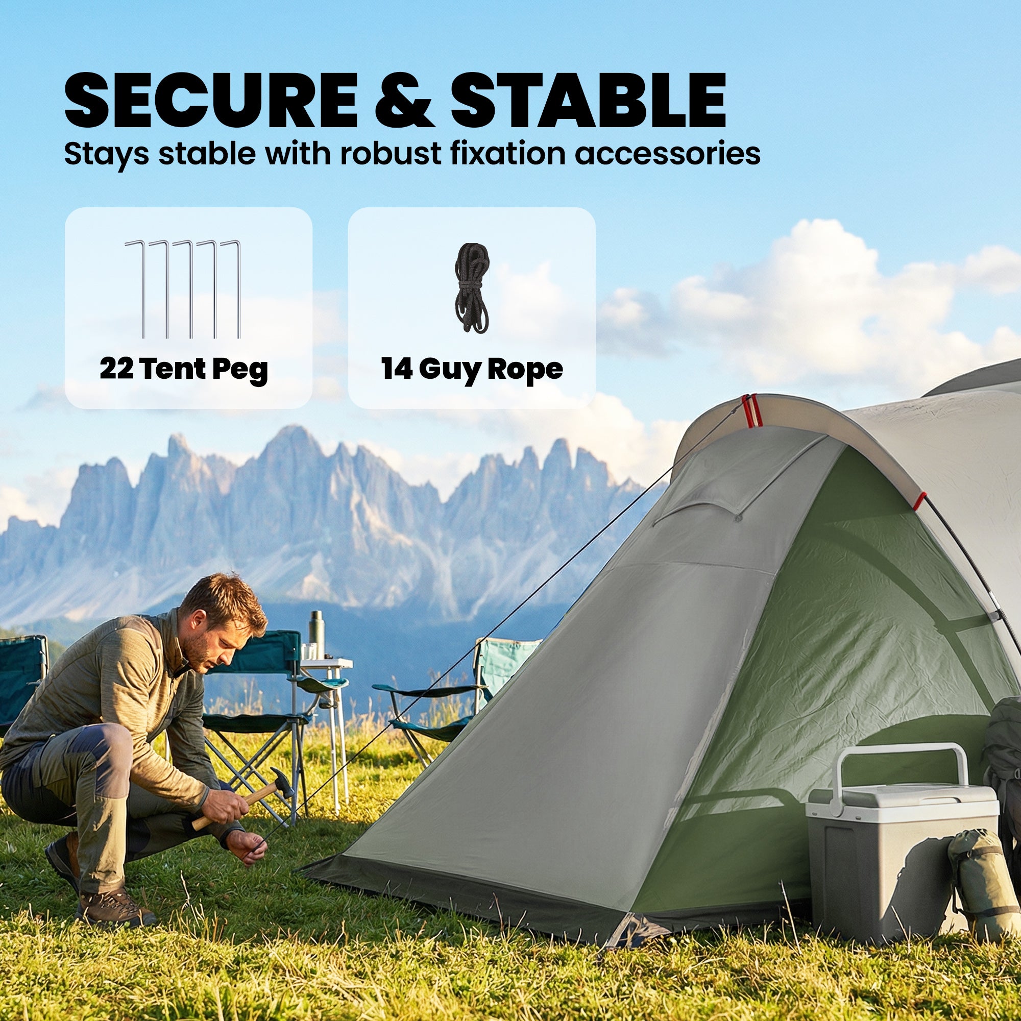Family Camping Tent 3000mm Waterproof Windproof Tunnel Tent 8-12 Person Two Bedrooms Green