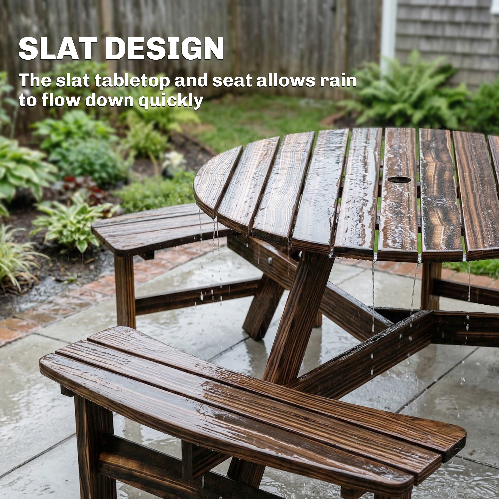 Wooden Garden Dining Set, 6 Seater Round Dining Picnic Table with Matching Bench, Garden Furniture Set with Parasol Hole for Outdoor Patio Party and Family Gatherings, Carbonized