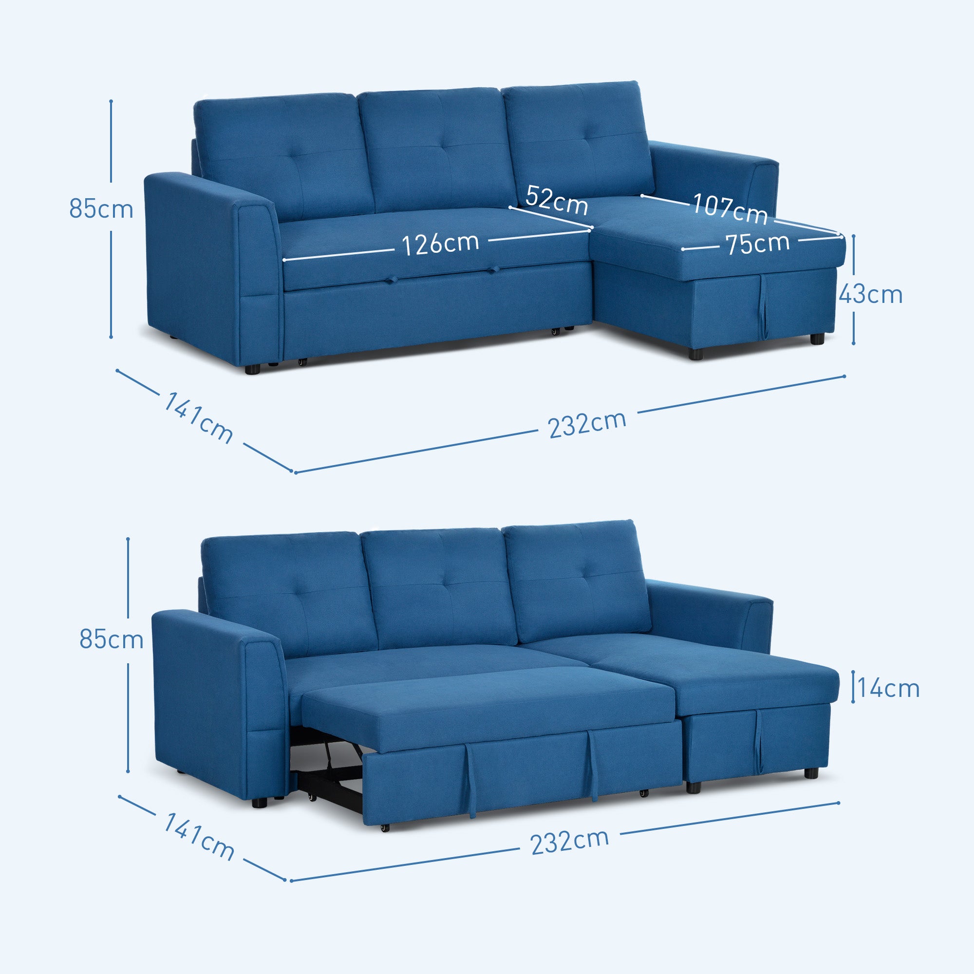 3 Seater Sofa Bed, L-Shaped Corner Sofa, Pull Out Sofa with Storage, Convertible Click Clack Settee Sectional Sleeper Futon for Living Room, Office, Dark Blue