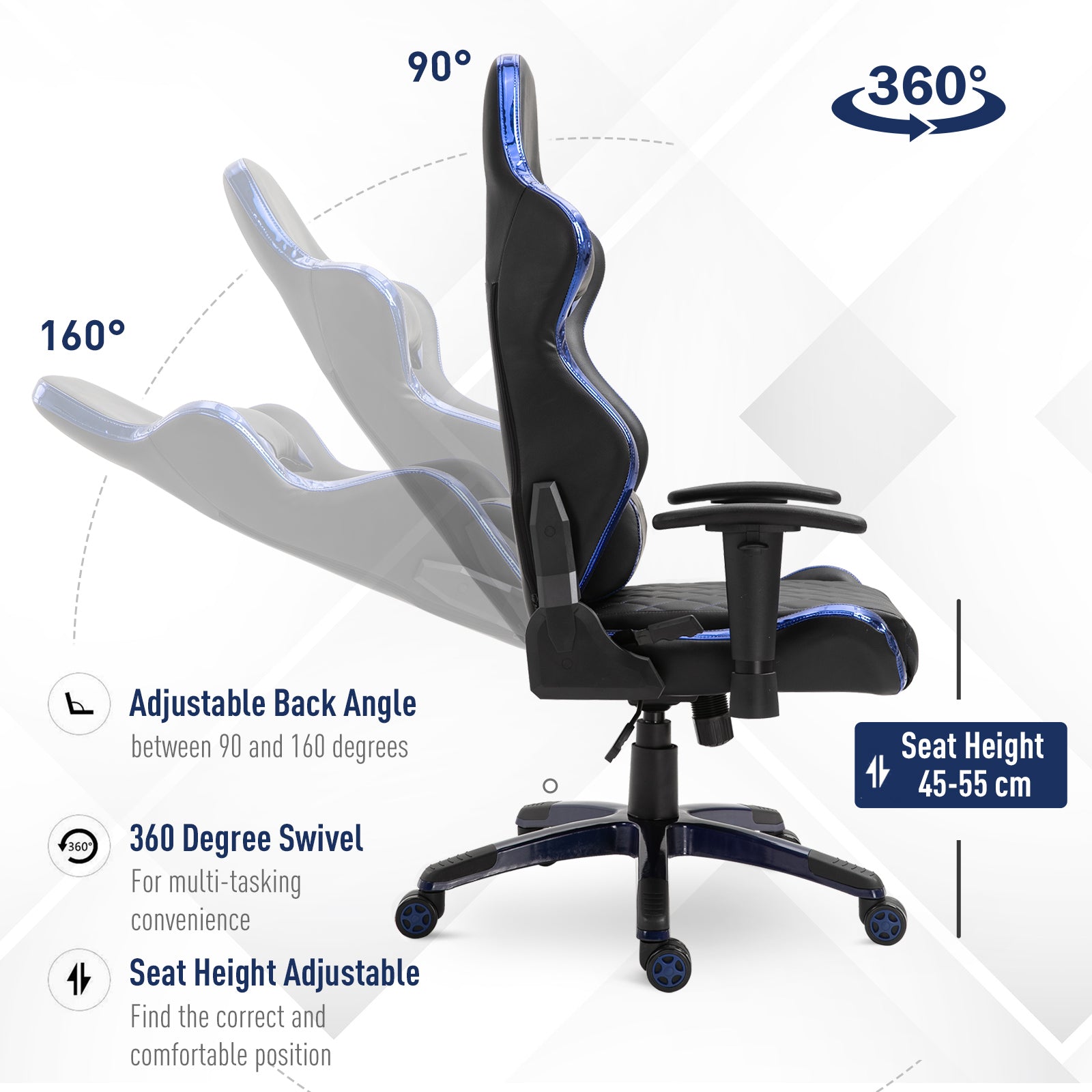 Holographic Stripe Gaming Chair Ergonomic PU Leather High Back 360° Swivel w/ 5 Wheels 2 Pillows Back Support Racing Reclining Black and Blue