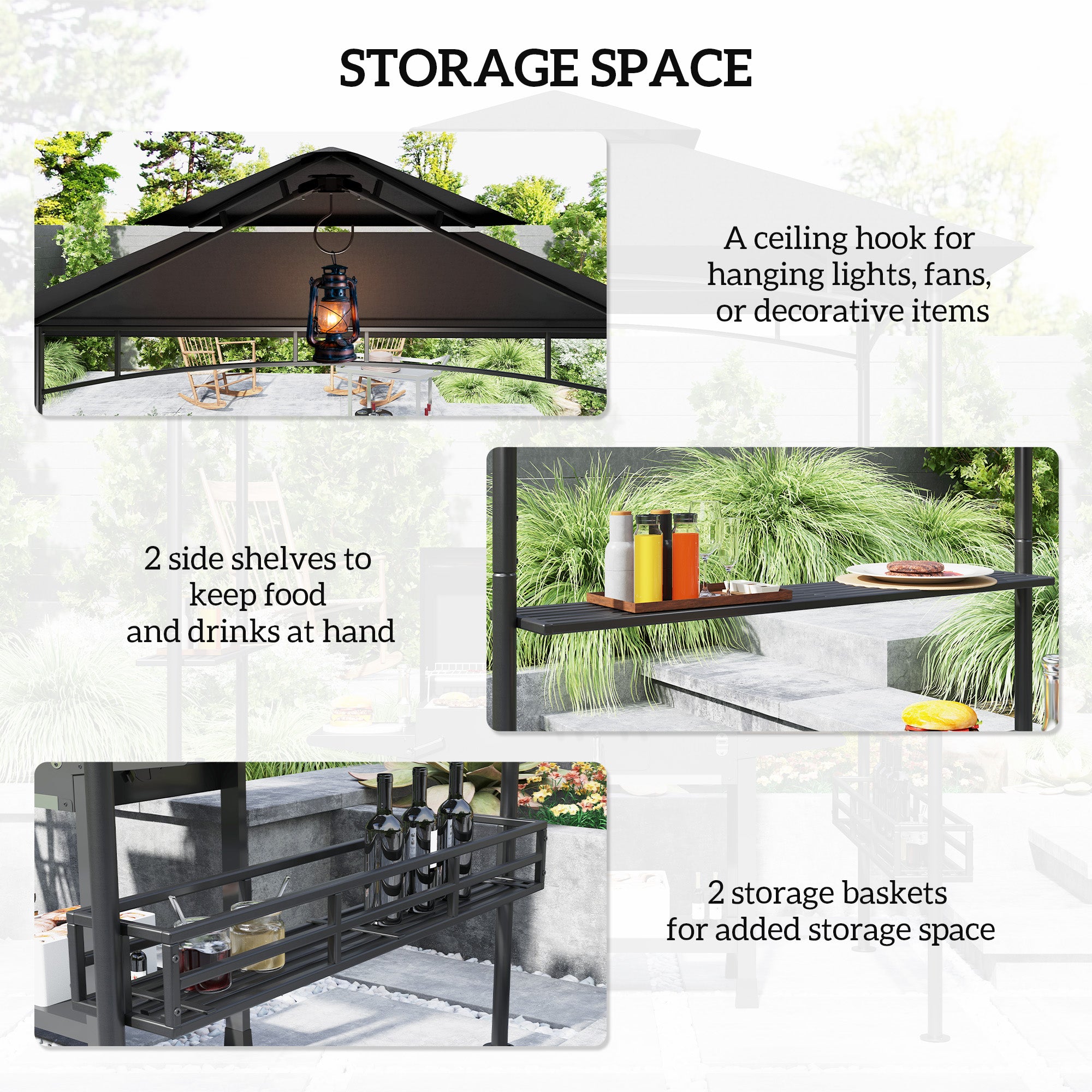 BBQ Grill Gazebo with Shelves and Baskets 150 x 240cm Grey Polyester Canopy