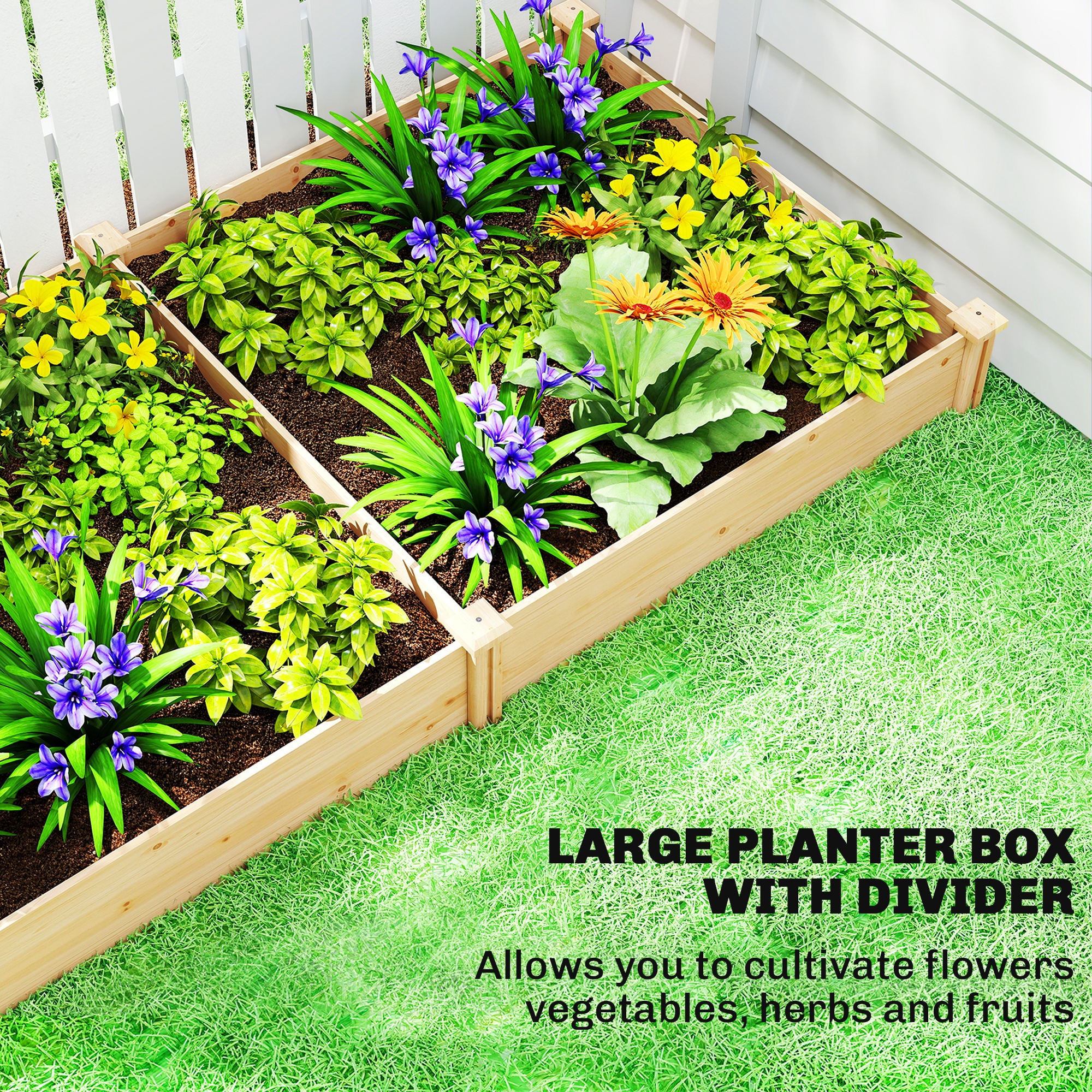 Raised Garden Bed, Wooden Planter Box with Divider and Open Bottom for Flowers, Herbs, Vegetables, DIY Painting