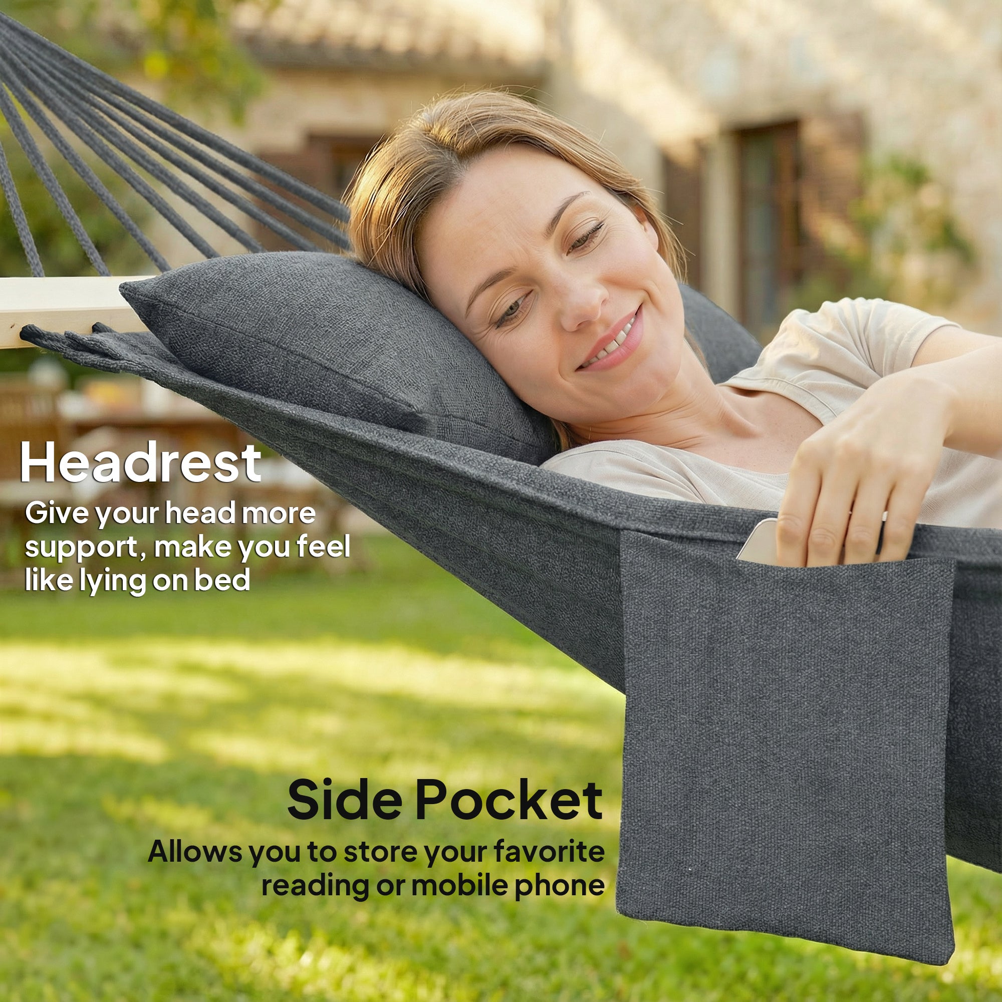 Cotton Hammock, Soft Portable Swing Sleeping w/ Headrest & Side Pocket, Dark Grey