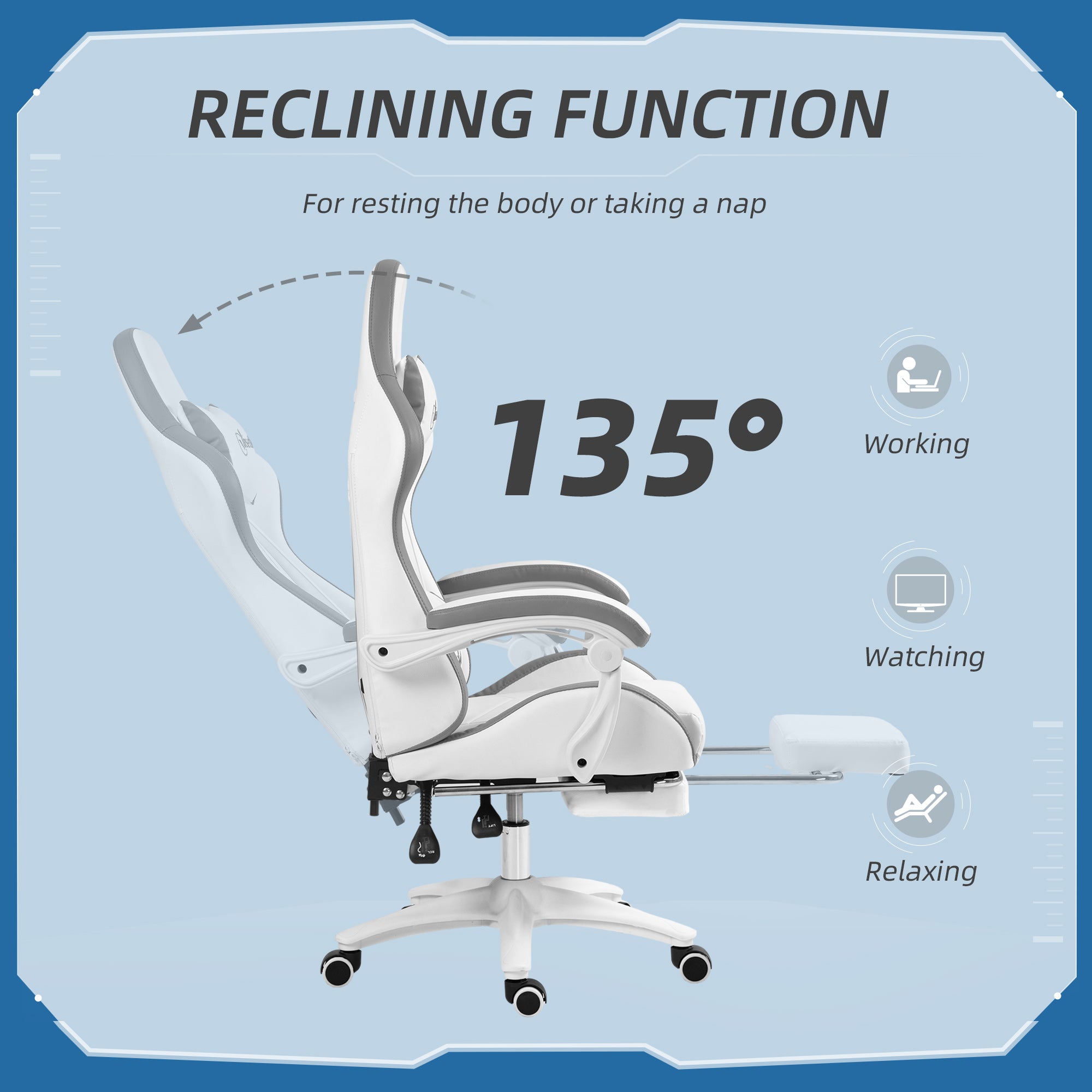 Computer Gaming Chair, PU Leather Desk Chair with Footrest, Swivel Task Chair with 135° Reclining Back and Lumbar Support, PC Chair for Adults, White and Grey