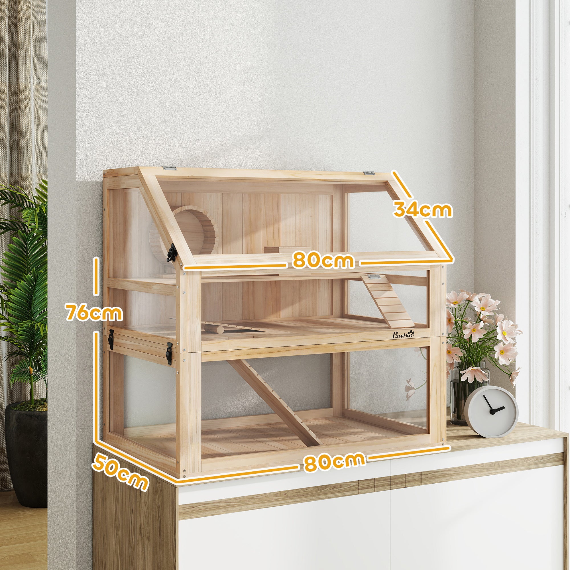 Wooden Hamster Cage with Detachable 31cm Deep Bottom, Hut, Seesaw, Exercise Wheel, Ramp, 80 x 50 x 76cm, Natural