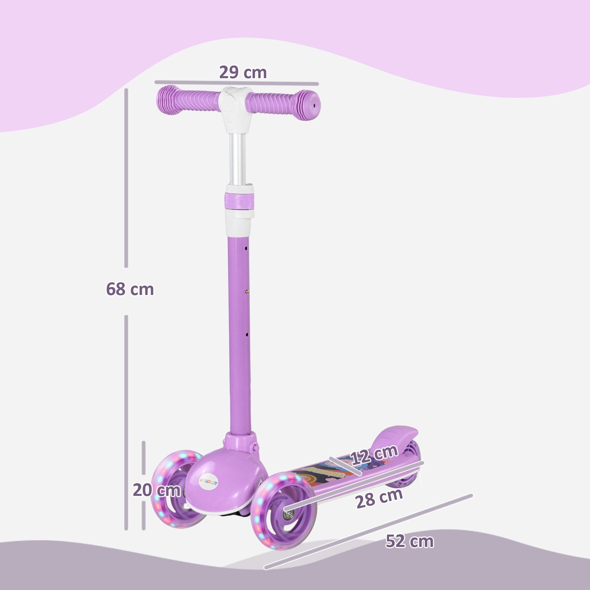 Kids 3 Wheel Scooter with Adjustable Height and LED Lights for Ages 2-6 - Purple