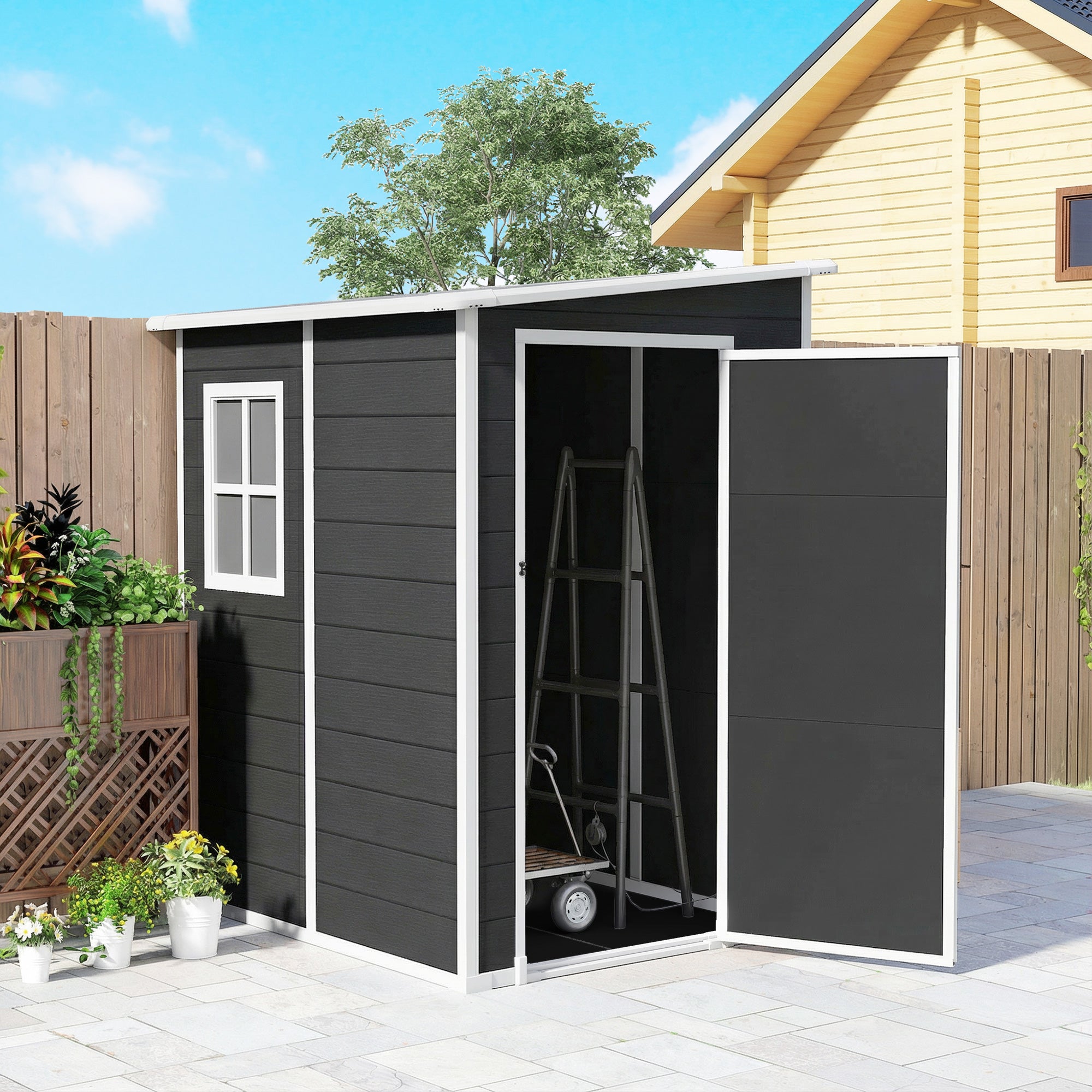 4'x5' Garden Storage Shed, Lean to Shed, Lockable Garden Shed with Window, Vent and Plastic Roof, Black
