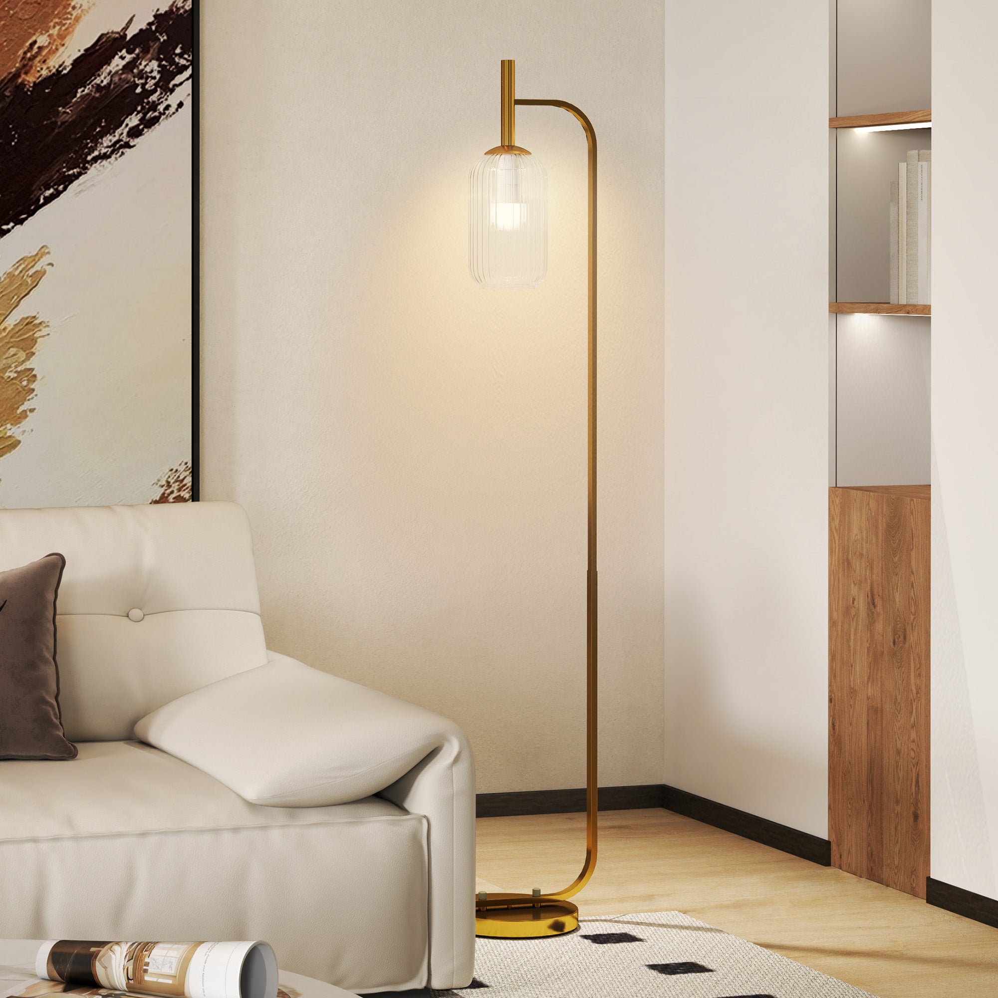 Modern Floor Lamp with Glass Lampshade and Foot Switch for Living Room & Bedroom - Gold Tone