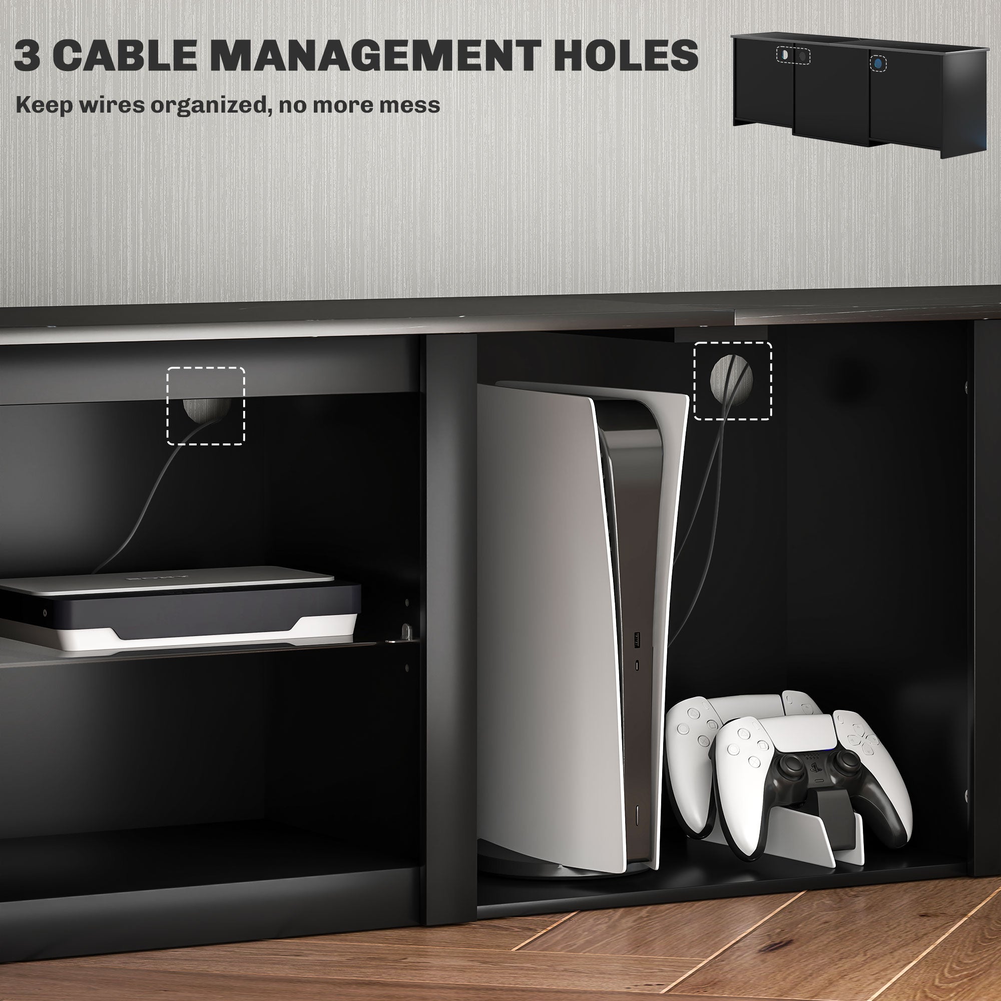 65" TV Stand, with LED Lights and Storage - Black