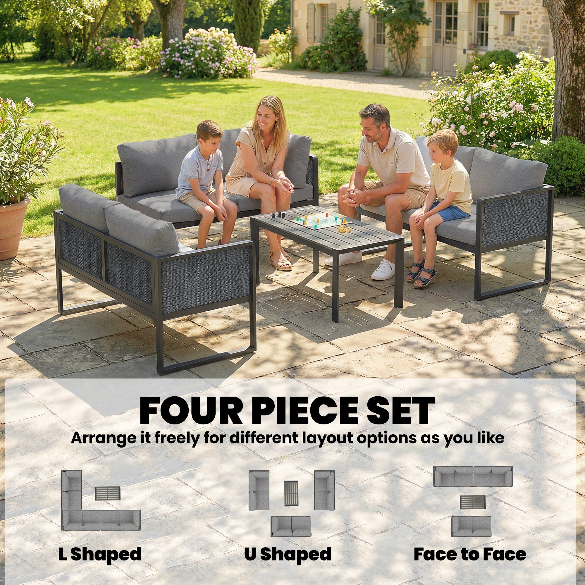 6 Seater Metal Garden Furniture Corner Sofa Set with 3 Loveseats, Faux Wood Table, Texteline Seat, Cushions, Dark Grey