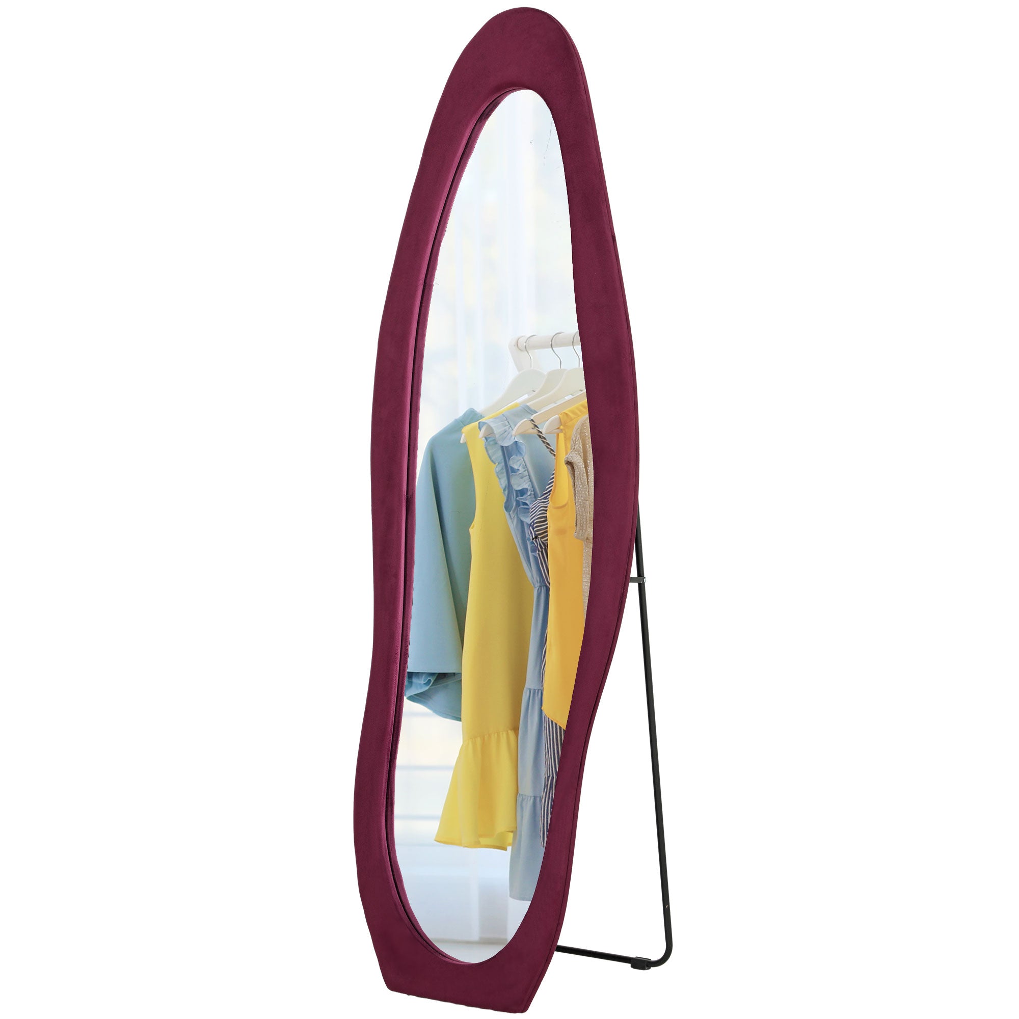 Wavy Velvet-Feel Full Length Mirror - Wine Red