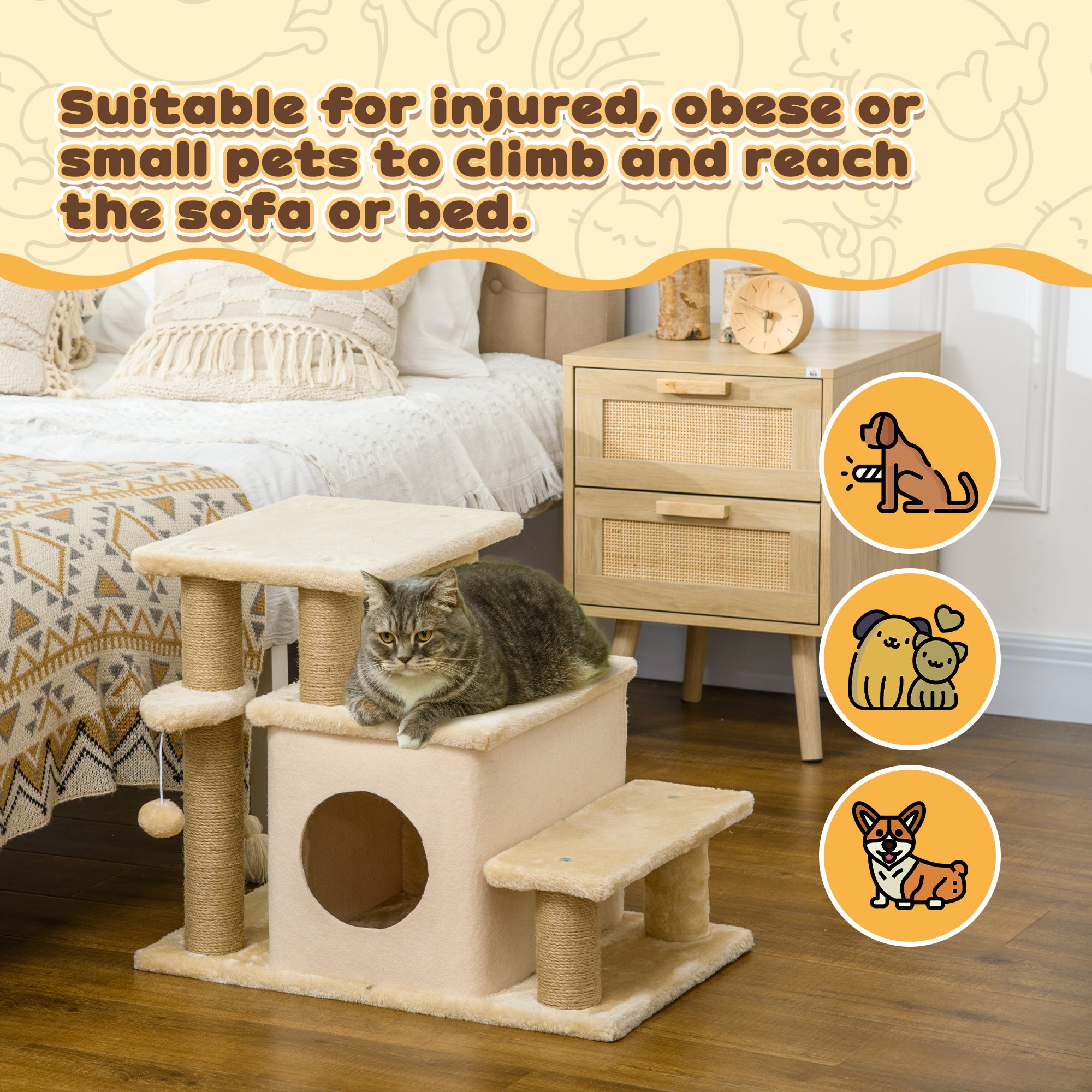 Adjustable Cat Steps, with House & Hanging Toy Ball - Beige