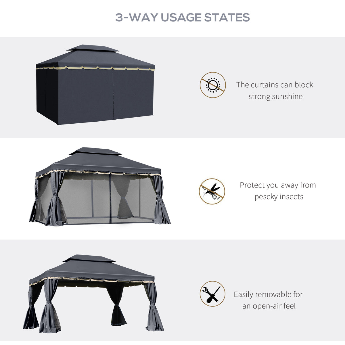 3 x 4m Aluminium Garden Gazebo with Nets and Curtains Marquee Pavilion Shelter - Black