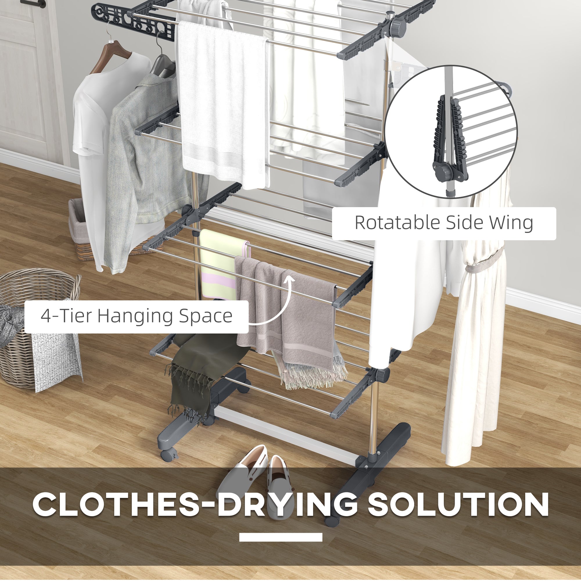 Four-Shelf Collapsible Clothes Horse with Side Arms and Wheels - Grey