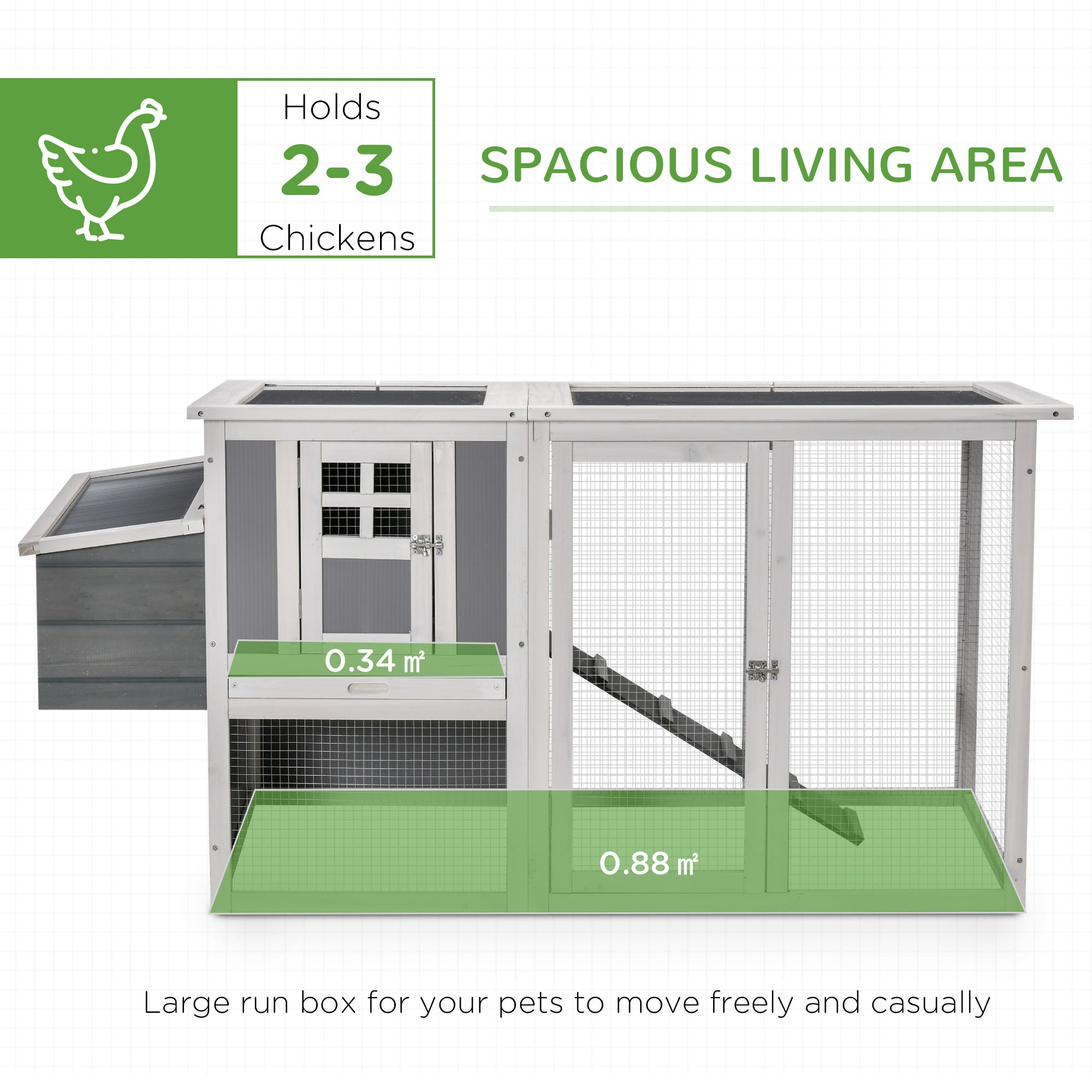 Chicken Coop with Run Rabbit Hutch Wooden Poultry Cage Hen House w/ Nesting Box Removable Tray Openable Roof Grey 162 x 76.5 x 79.5cm