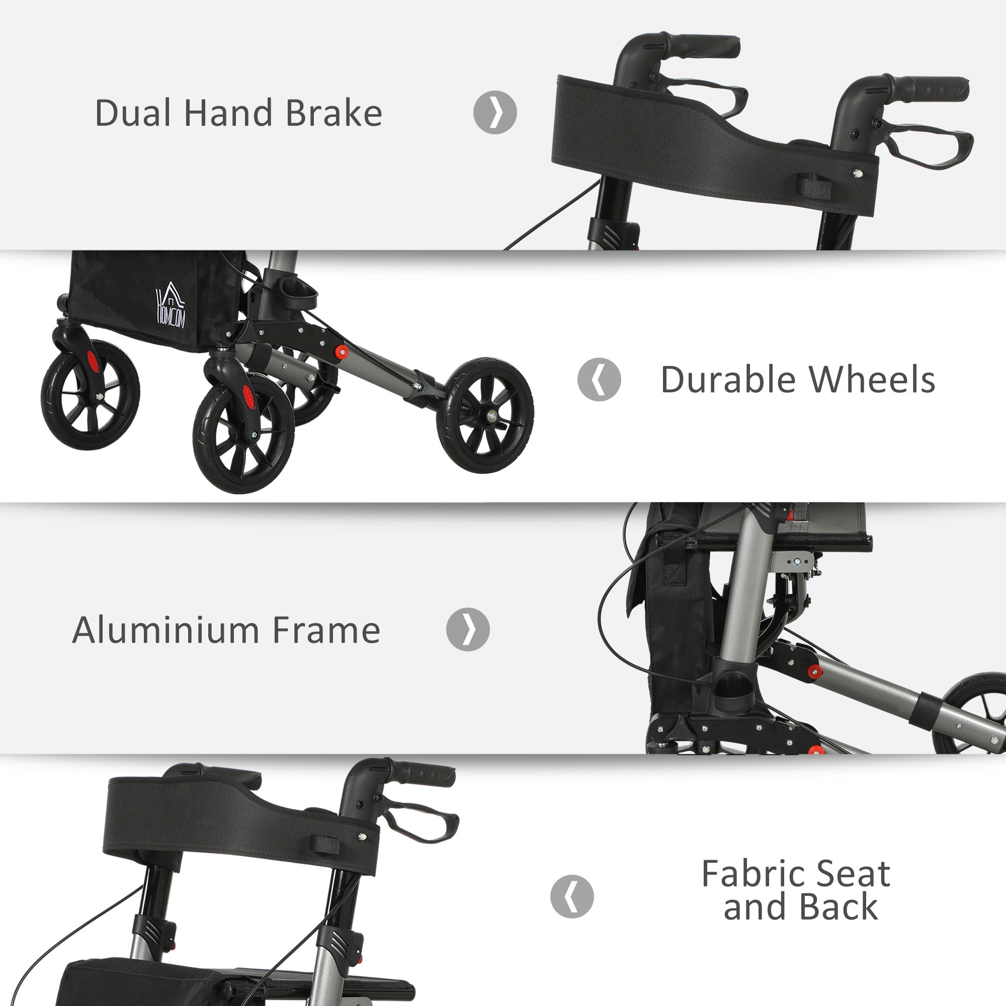 4 Wheel Rollator with Seat and Back, Folding Mobility Walker with Carry Bag, Adjustable Height, Dual Brakes, Cane Holder, Lightweight Aluminium Walking Frame for Seniors and Disabled, Silver