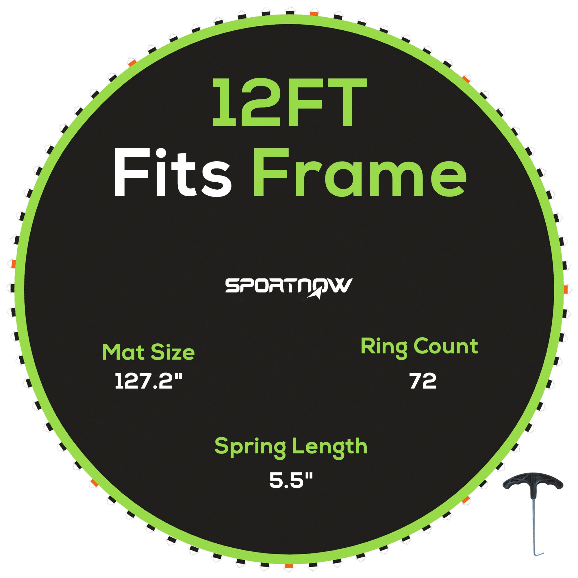 Replacement Trampoline Mat with Spring Pull Tool, 72 V-Hooks, for 12ft Trampoline using 14cm Springs, Green
