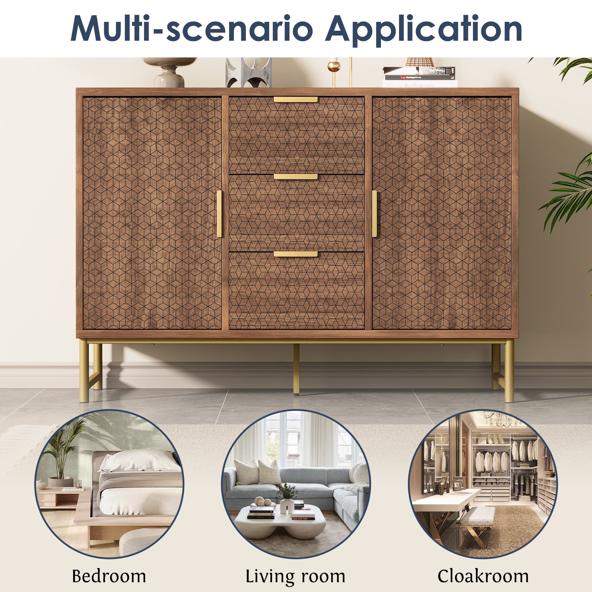 Embossed Design Sideboard Cabinet with 3 Drawers and 2 Doors, Adjustable Shelves, Anti-tip, Storage Cabinet, 120L x 40W x 75H cm, Walnut
