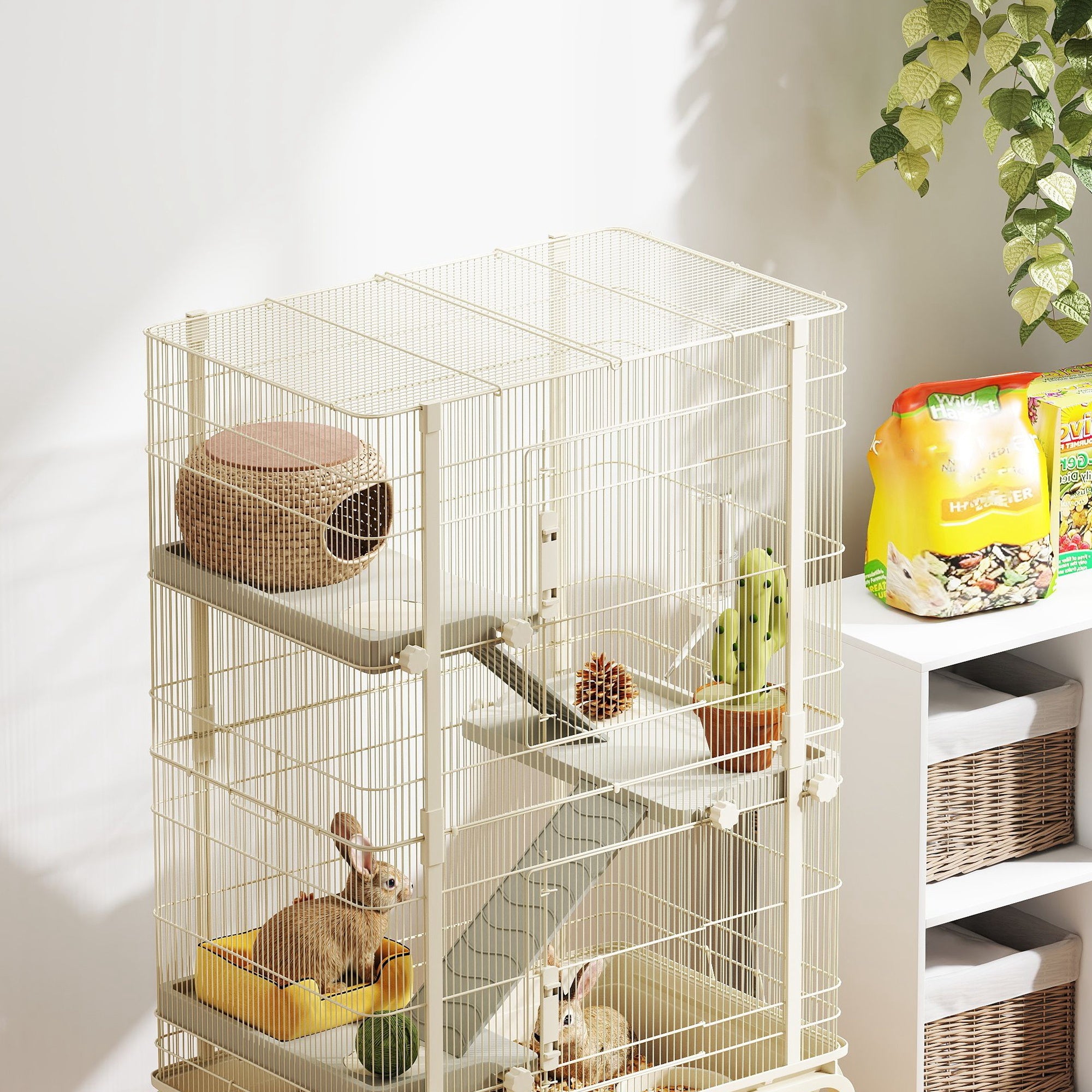 4-Level Rolling Small Animal Cage with 3 Ramps, Water Bottle & Food Dish, 15cm Deep Tray - Beige