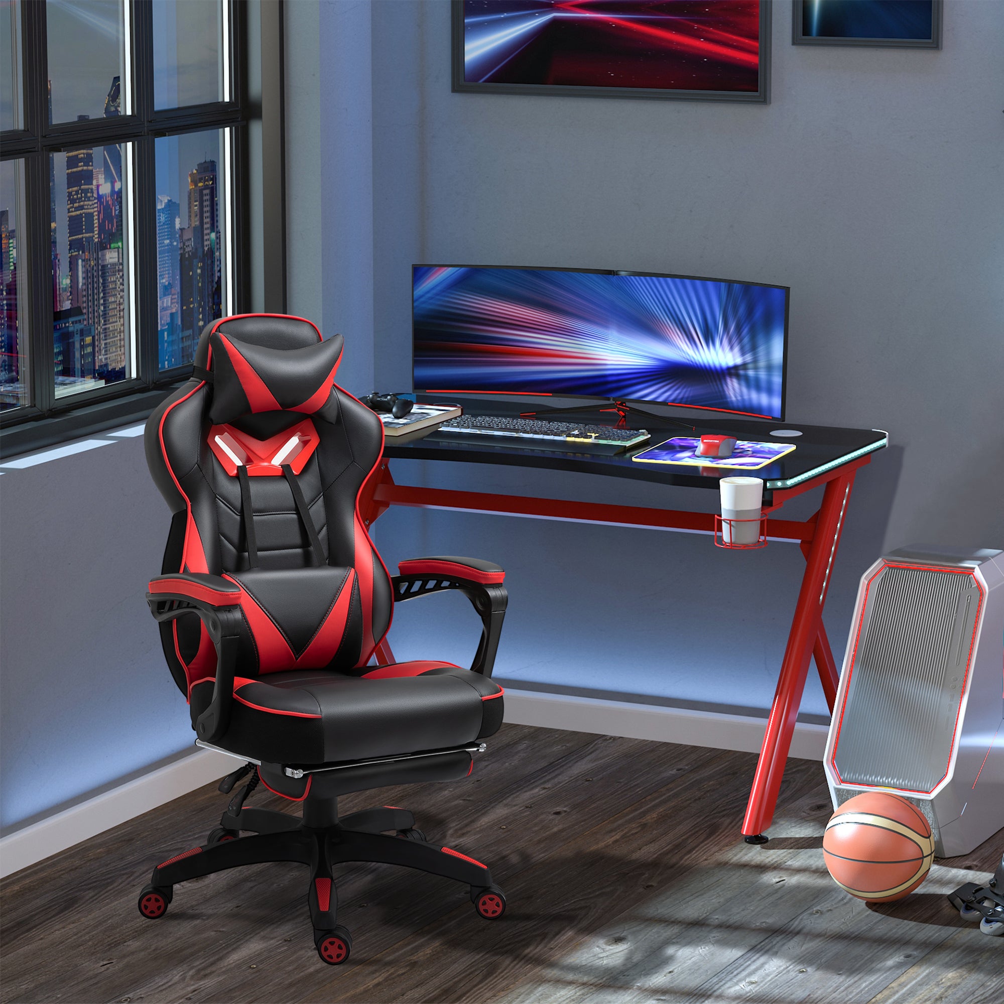 Computer Gaming Chair, Racing Desk Chair with Lumbar Support and Footrest, PU Leather Gamer Chair with Headrest and Swivel Wheels for Home, Red