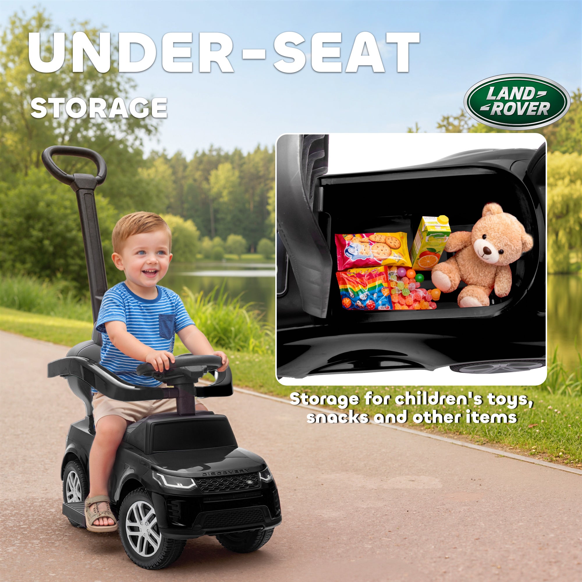 Land Rover Discovery Licensed Baby Push Car, 2-in-1 Ride on Car with Push Handle and Safety Guardrail, Black