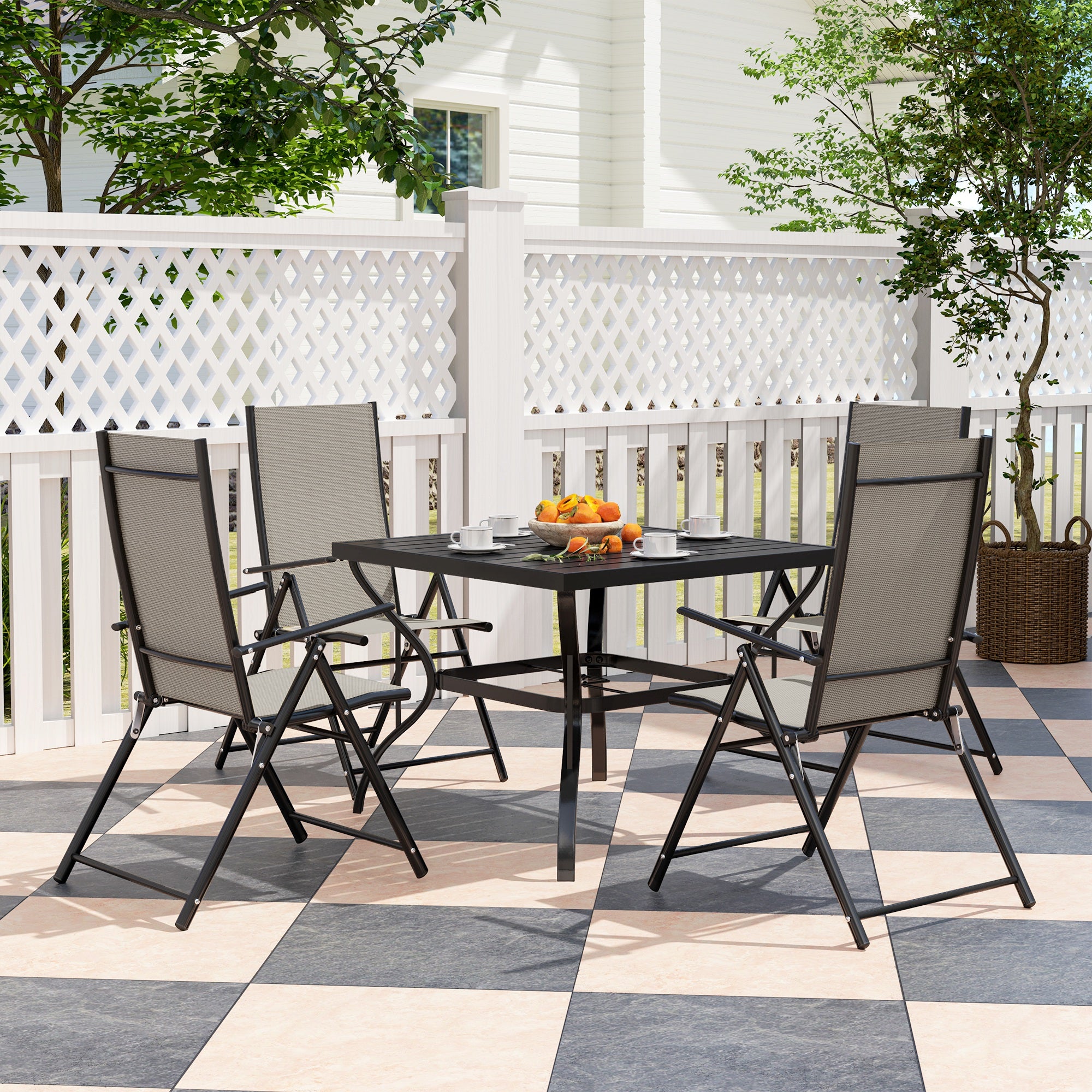 5 Piece Steel Frame Patio Dining Set with Folding Chairs - Khaki Black