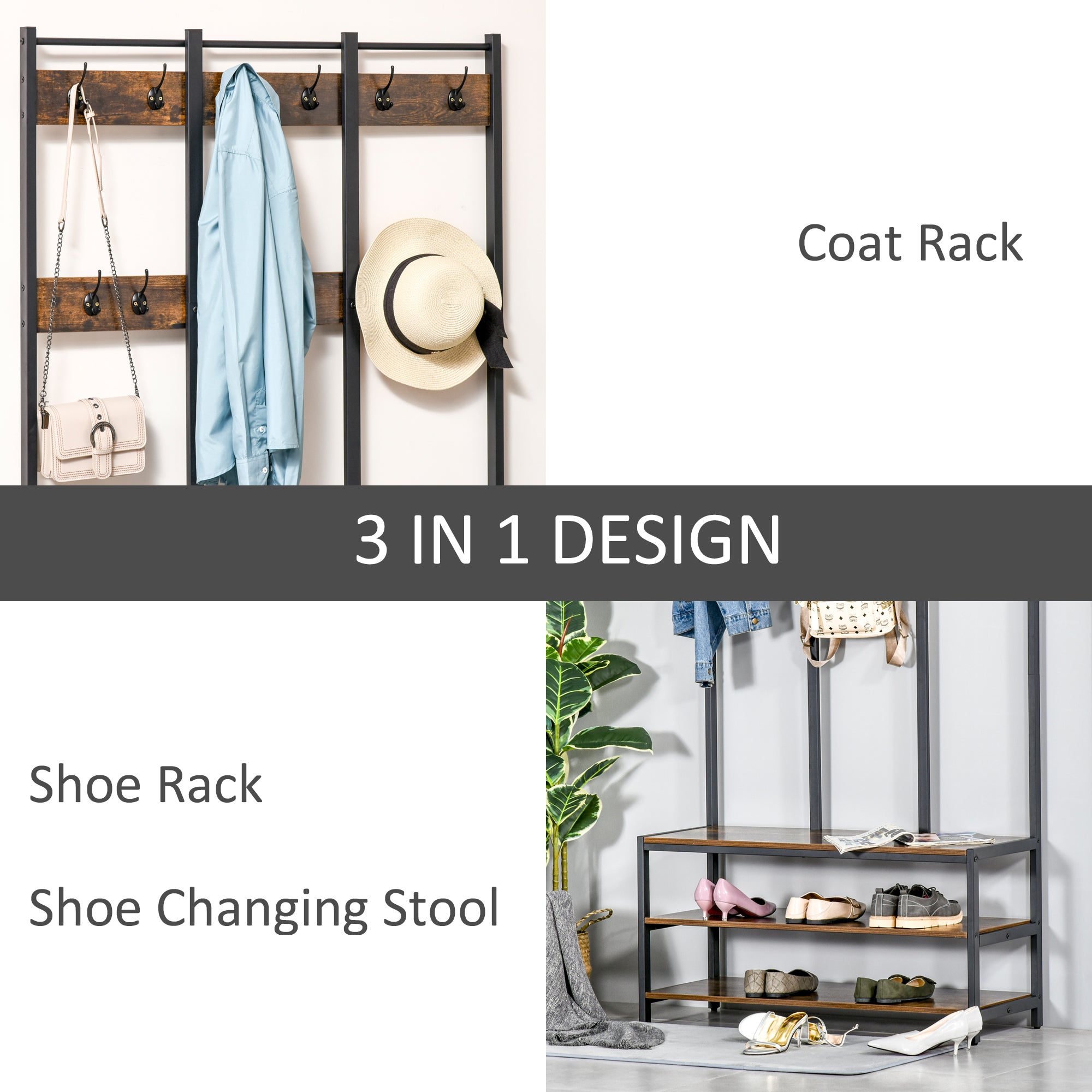 Industrial Style Coat Rack Stand with Bench, Hooks & Shoe Rack 100x38.5x185.5cm - Rustic Brown and Black