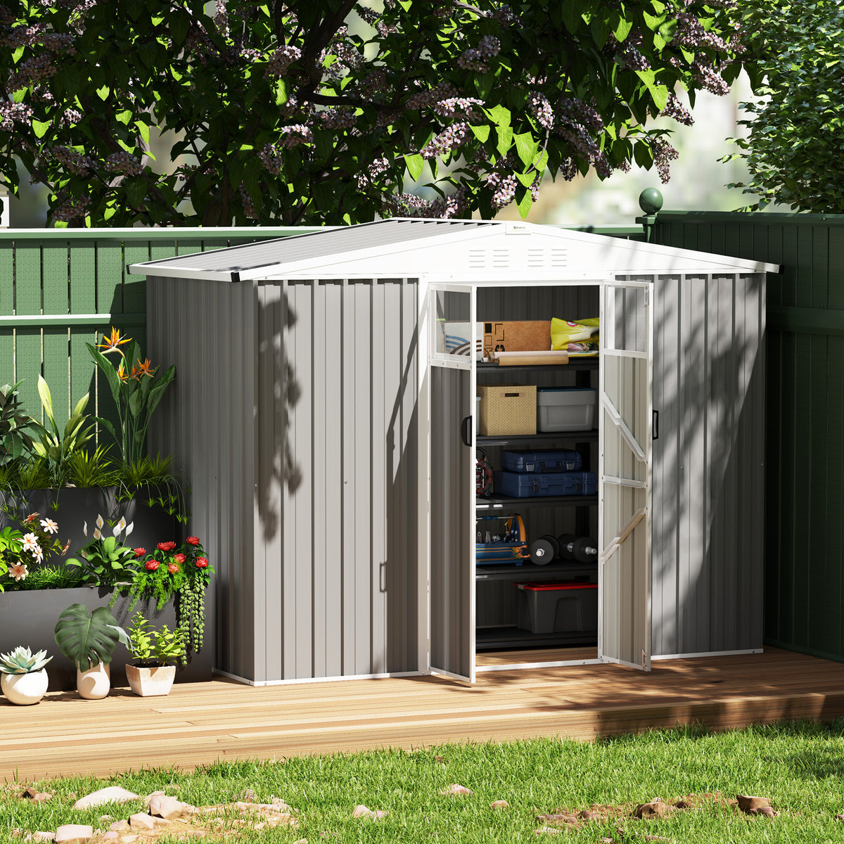 8x4 ft Metal Garden Storage Shed with Window and Lockable Door - Light Grey