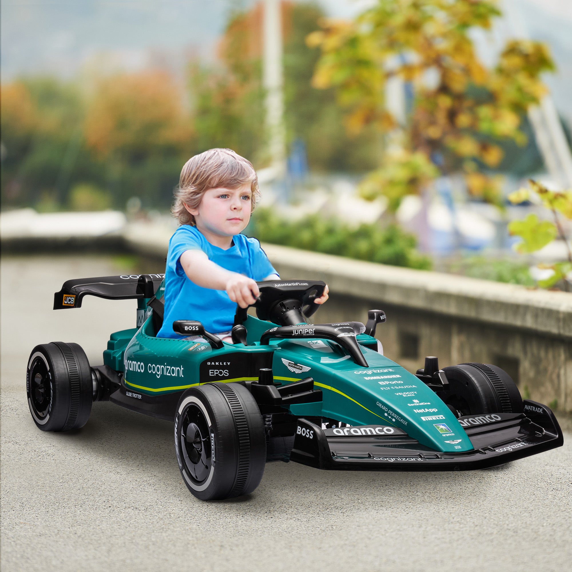 Aston Martin Licensed 12V Kids Ride on Racing Kart w/ Bluetooth, 4 Suspension Wheels, Music Lights Horn, Green