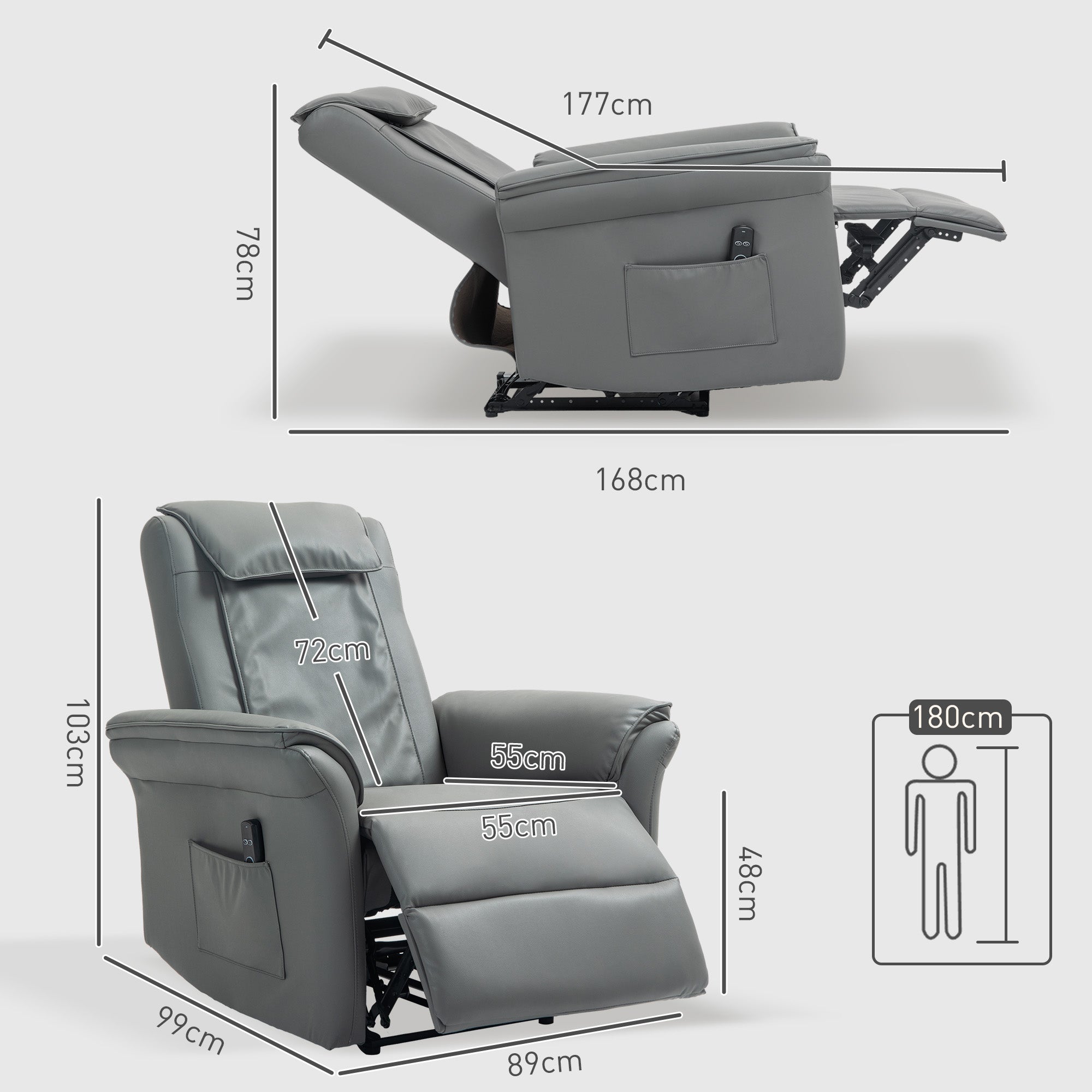 3D Kneading Massage Recliner Chair with Headrest, Breathable Leather Recliner Armchair, Electric Reclining Chair with Footrest, Remote with USB Port, Side Pockets for Home, Grey