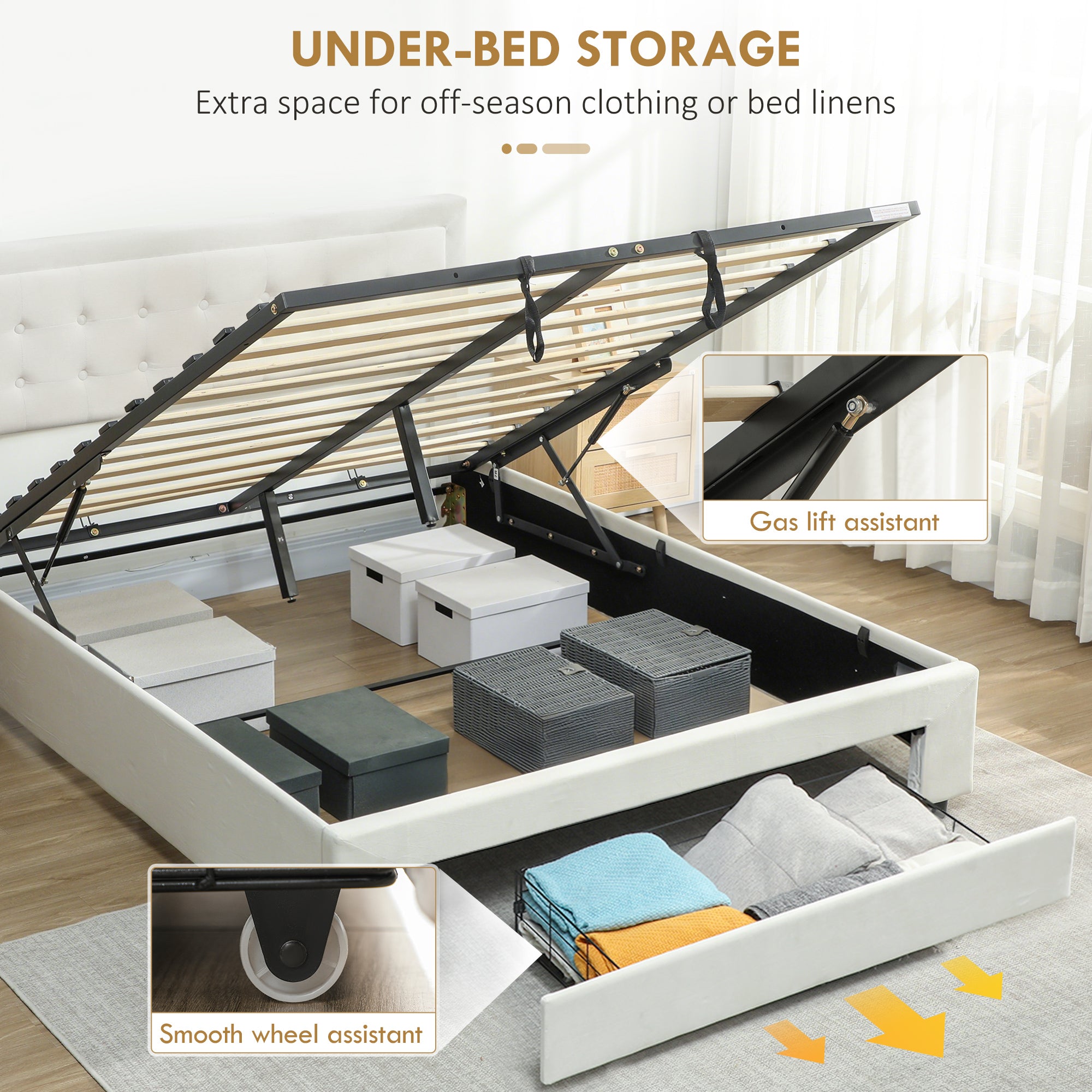 Double Ottoman Bed Frame, with Front Drawer - Cream