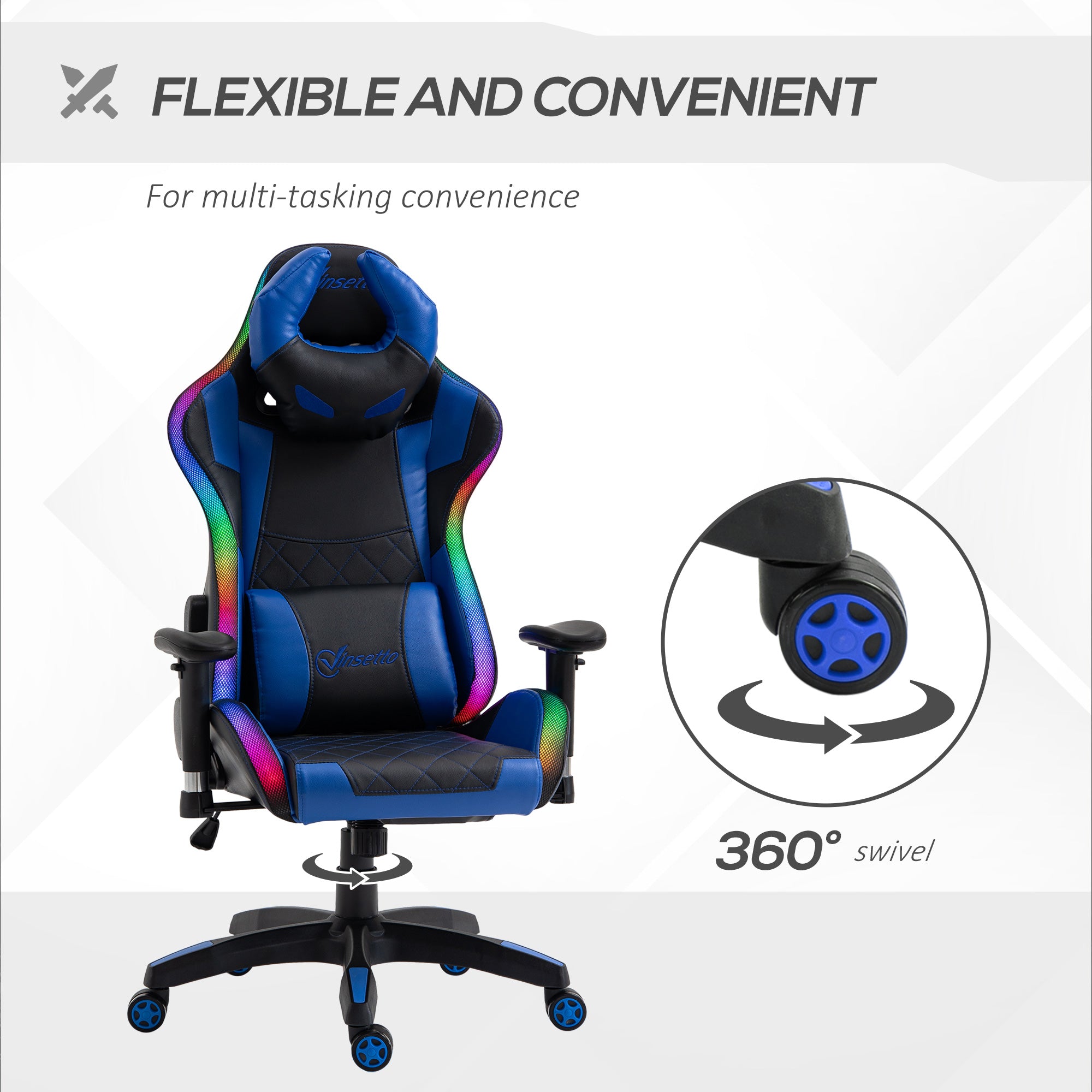 Racing Gaming Chair with RGB LED Light, Lumbar Support, Swivel Home Office Computer Recliner High Back Gamer Desk Chair, Black Blue