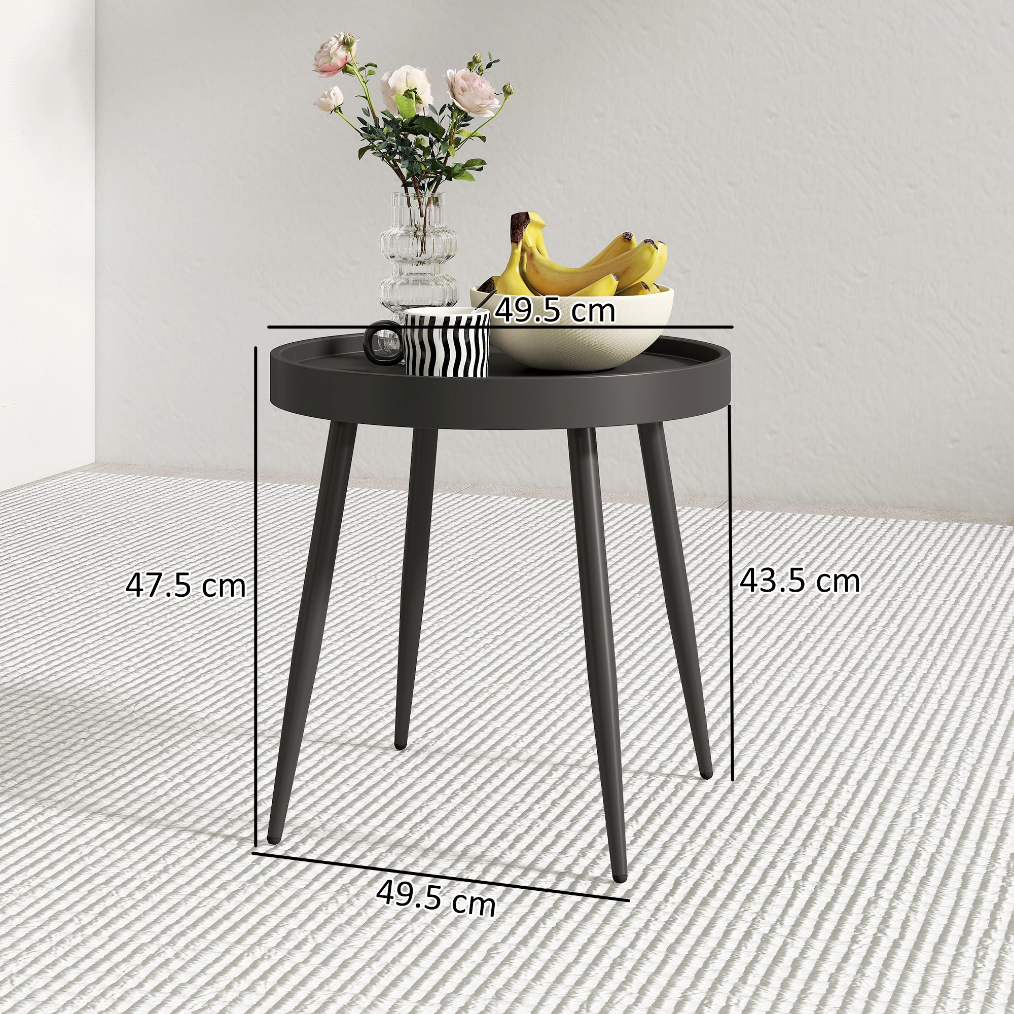 49.5 cm Round Garden Table, Small Outdoor Coffee Side Table with Plastic Tray-Style Top, Metal Legs, Black